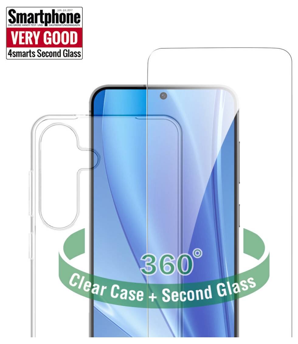 Protecteur d'écran pour smartphone et étui transparent affichés sur un téléphone, avec un badge d'avis « Étui Transparent 360° + Deuxième Verre » et « TRÈS BON ».