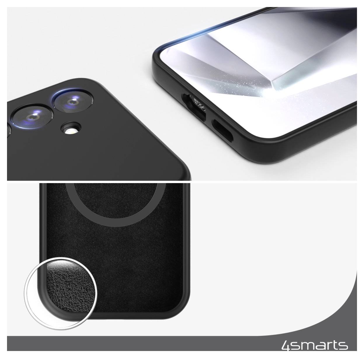 Image promotionnelle d'un étui de smartphone noir avec protection surélevée de la caméra et un détail de coin texturisé, présenté en gros plan avec le logo 4smarts.