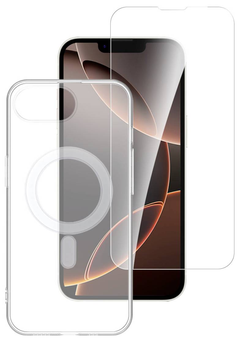 Deux protecteurs d'écran de téléphone transparents et un étui transparent affichés sur un iPhone, démontrant l'ajustement et la couverture.
