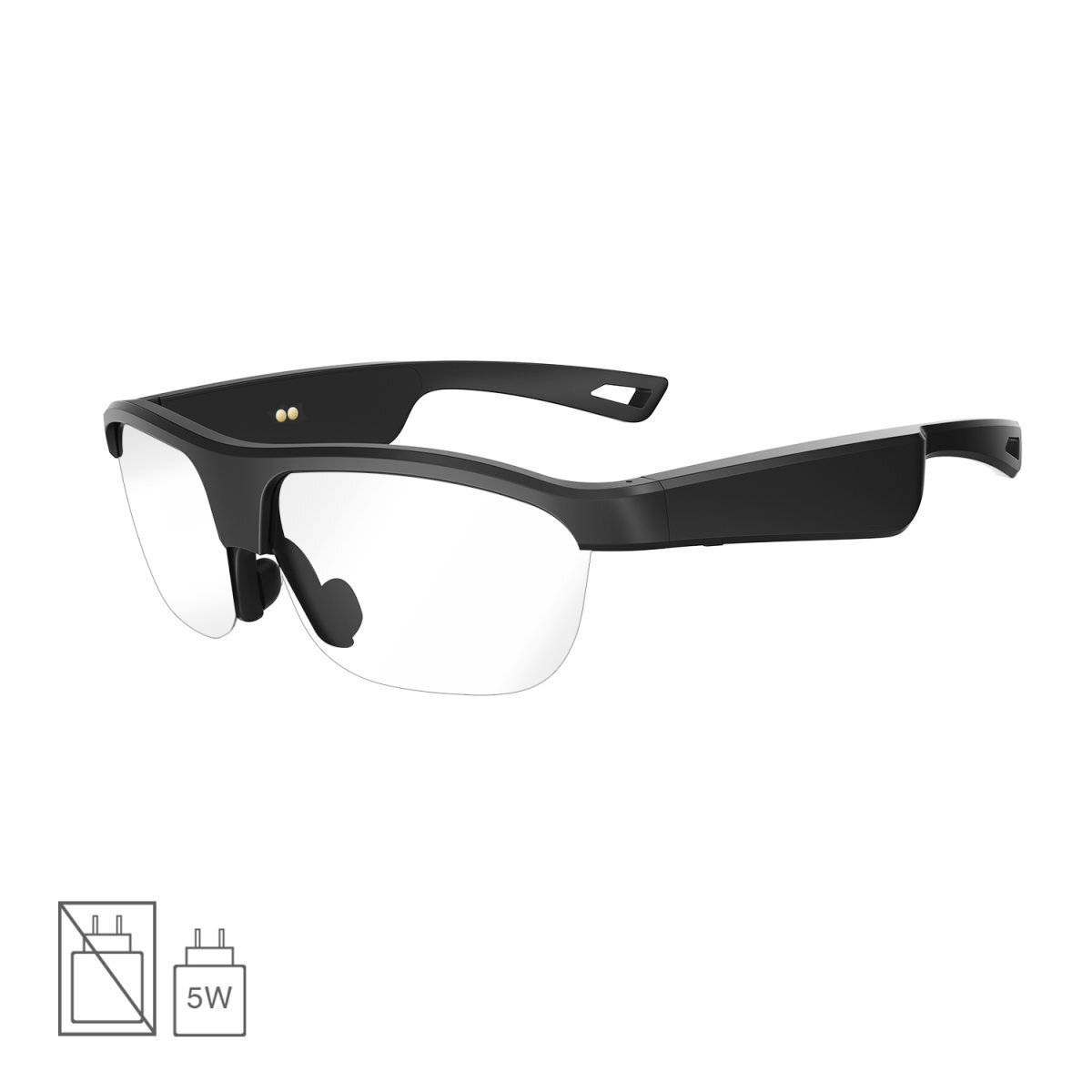 Lunettes intelligentes noires avec verres clairs et une petite icône de charge 5W, présentées sur un fond blanc uni.