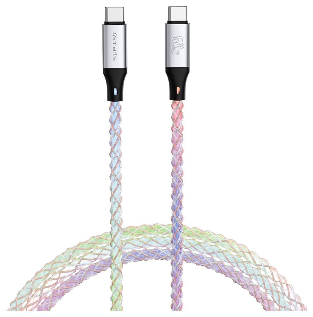 Deux câbles USB-C tressés en bleu et rose, présentés côte à côte avec des cordons tissés aux couleurs pastel.