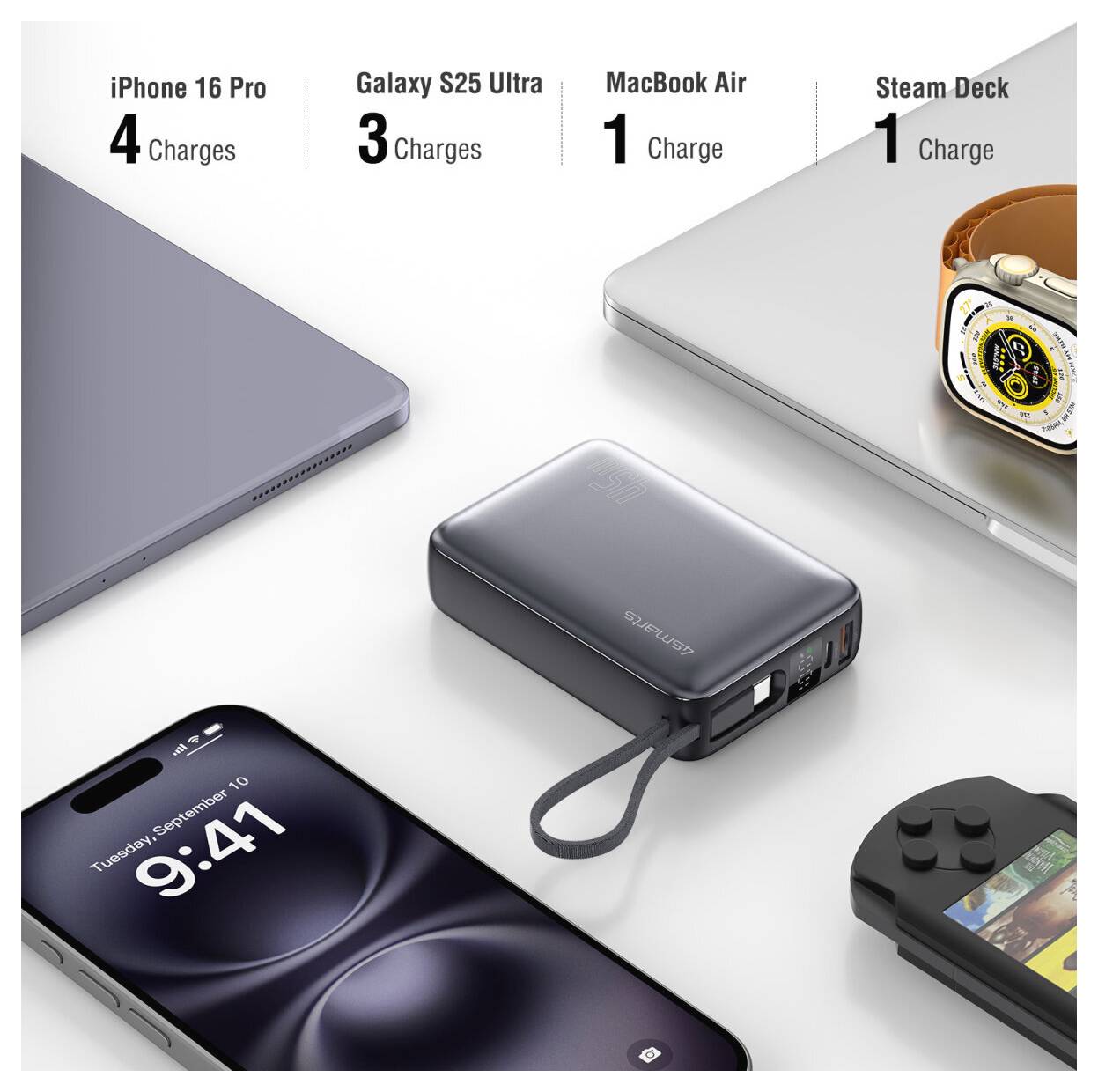 Comparaison de produits affichant la capacité de charge : iPhone 16 Pro 4 charges, Galaxy S25 Ultra 3, MacBook Air 1, Steam Deck 1.