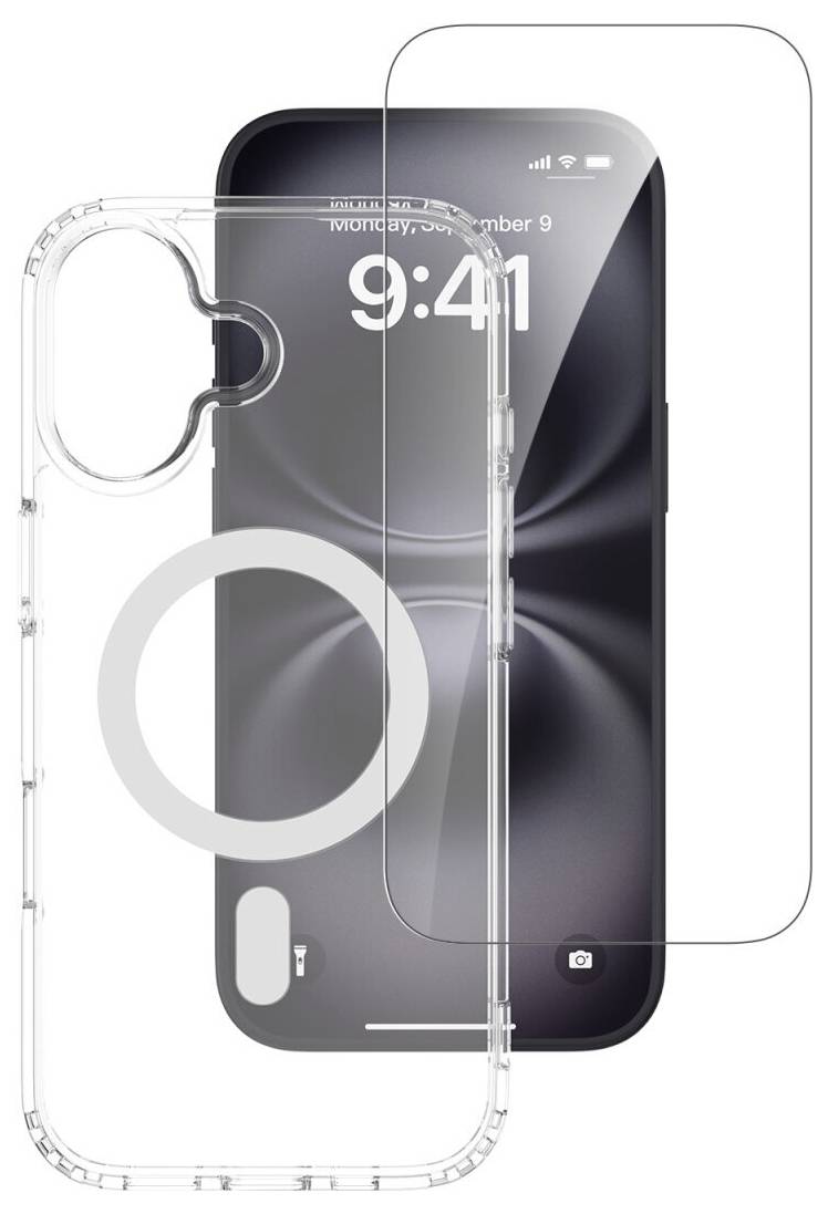 Étui iPhone transparent avec anneau MagSafe montré sur un écran iPhone noir, illustrant l'ajustement de l'étui et la découpe de la caméra.
