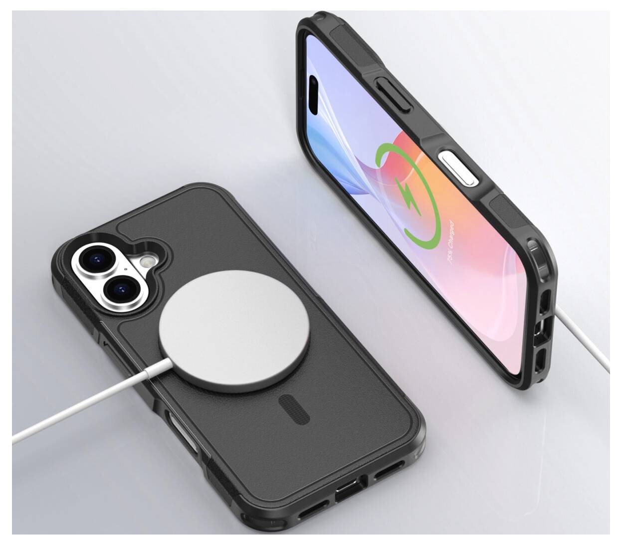 Deux téléphones intelligents sur une surface, l'un posé à plat sur un socle de recharge sans fil et l'autre debout affichant une icône de recharge, tous deux reliés par des câbles.
