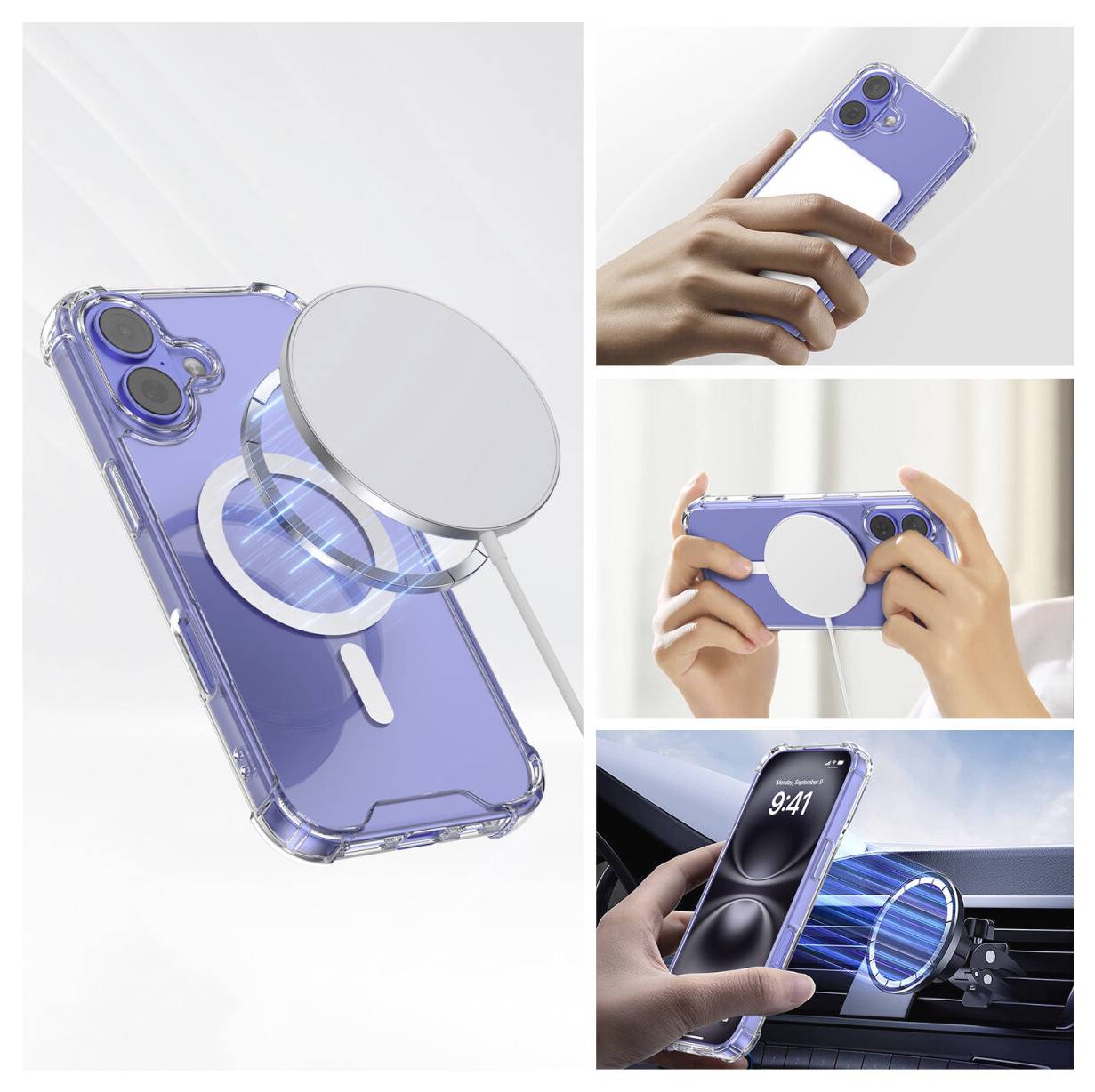 Collage montrant un étui de téléphone bleu avec un anneau magnétique, tenu à la main et monté dans une grille de ventilation de voiture pour une fixation magnétique.