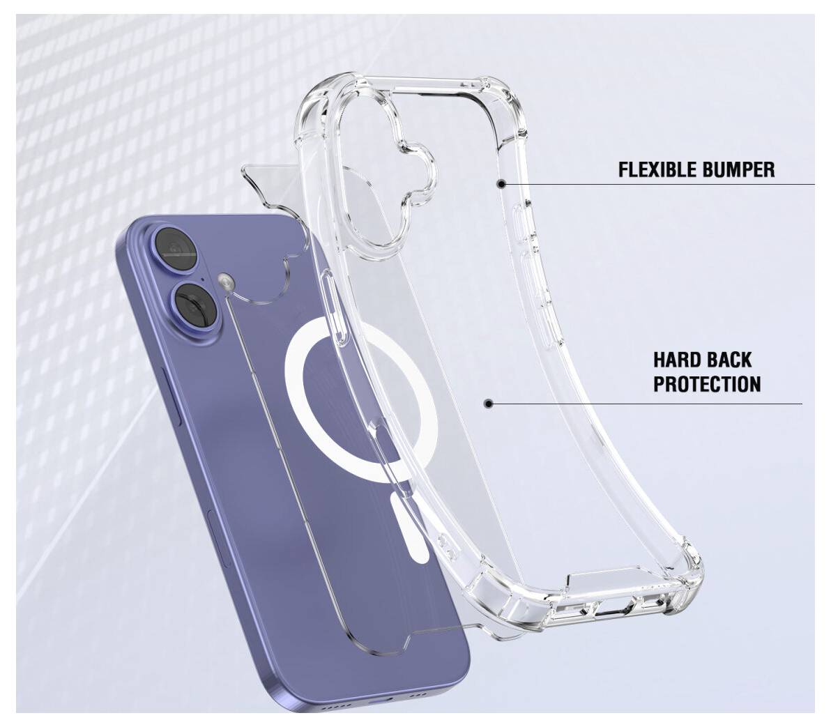 Illustration d'un étui téléphone montrant un pare-chocs transparent flexible et une protection arrière rigide pour un smartphone avec double caméra et anneau MagSafe.