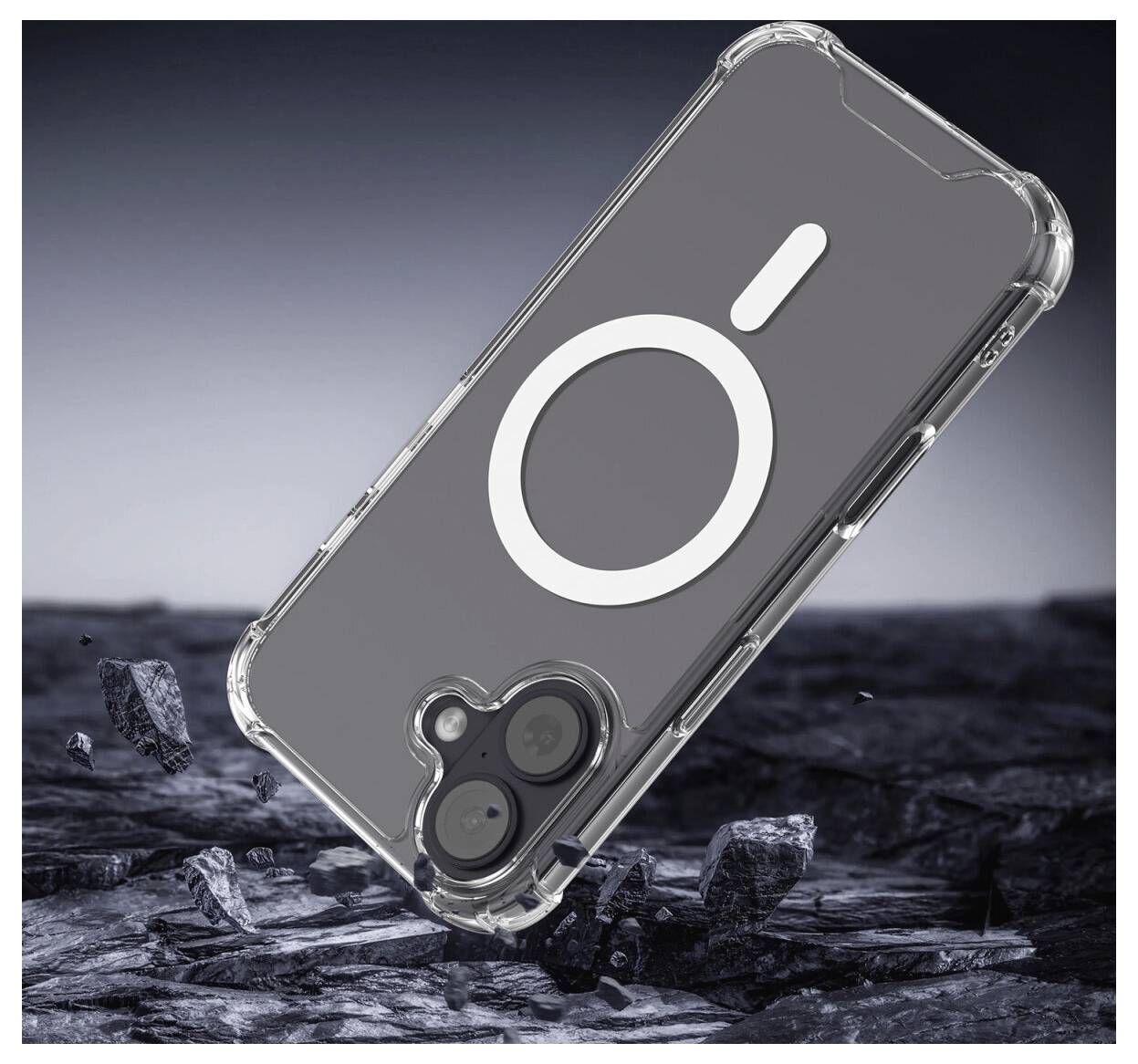 Étui de téléphone transparent sur un smartphone incliné avec un grand symbole blanc cercle barré, flottant au-dessus d'une surface rocheuse sur un fond sombre.