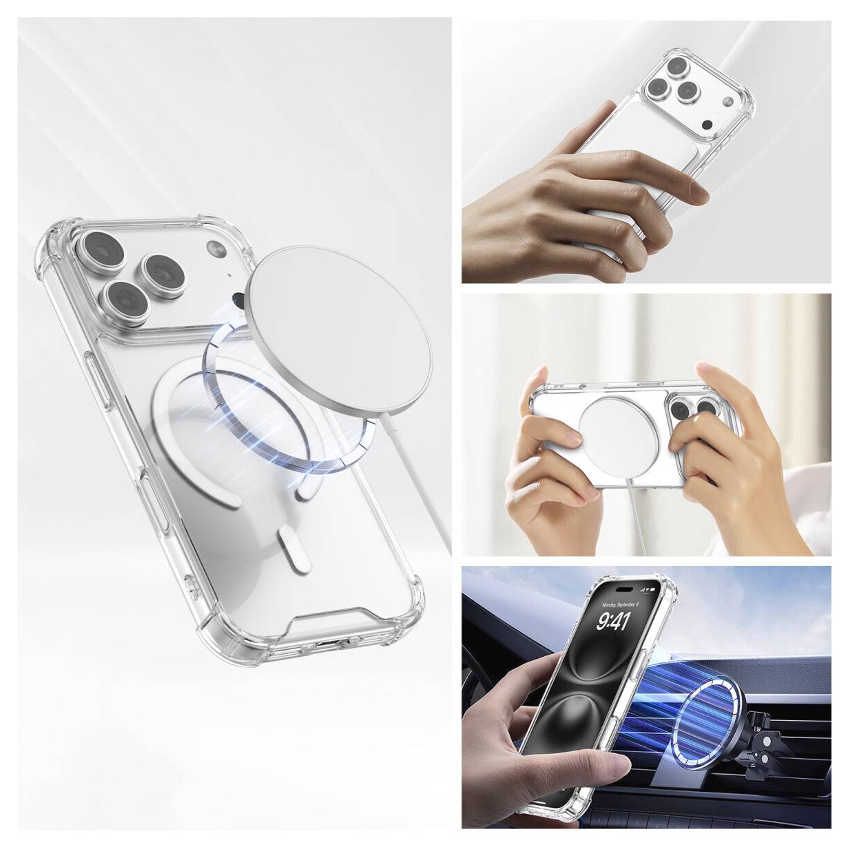 Collage montrant un étui de téléphone magnétique transparent avec un anneau MagSafe circulaire et un support de téléphone, utilisé sur un téléphone tenu à la main et un support de tableau de bord de voiture.