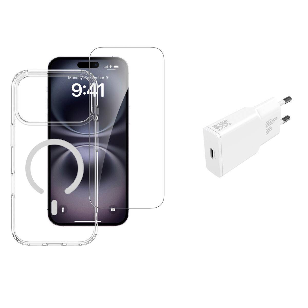Téléphone intelligent avec un étui transparent et une pellicule protectrice d'écran, présenté avec un chargeur mural USB-C sur un fond blanc.