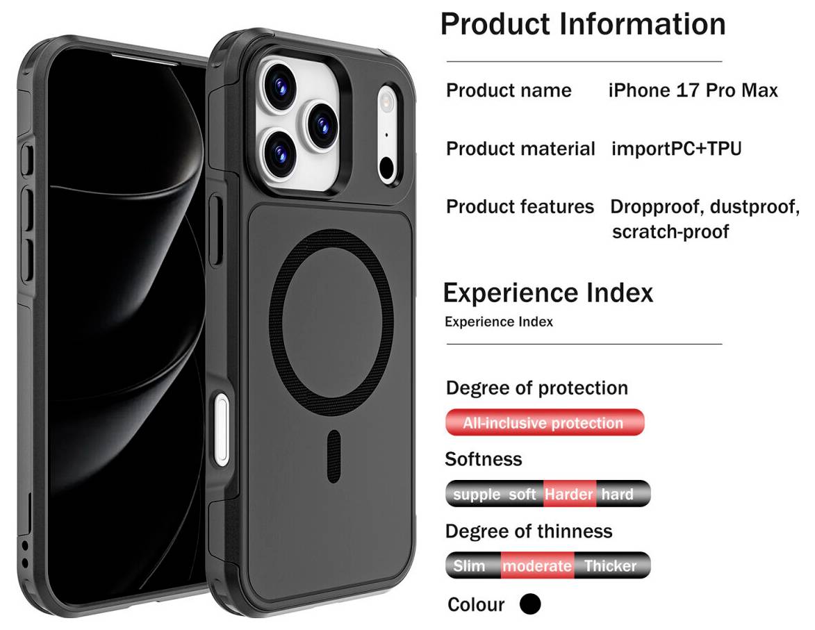 Informations sur le produit - Étui iPhone 17 Pro Max : PC+TPU importé, antichute, antipoussière, antirayure, avec anneau MagSafe ; échelles de protection, de dureté et d'épaisseur affichées.