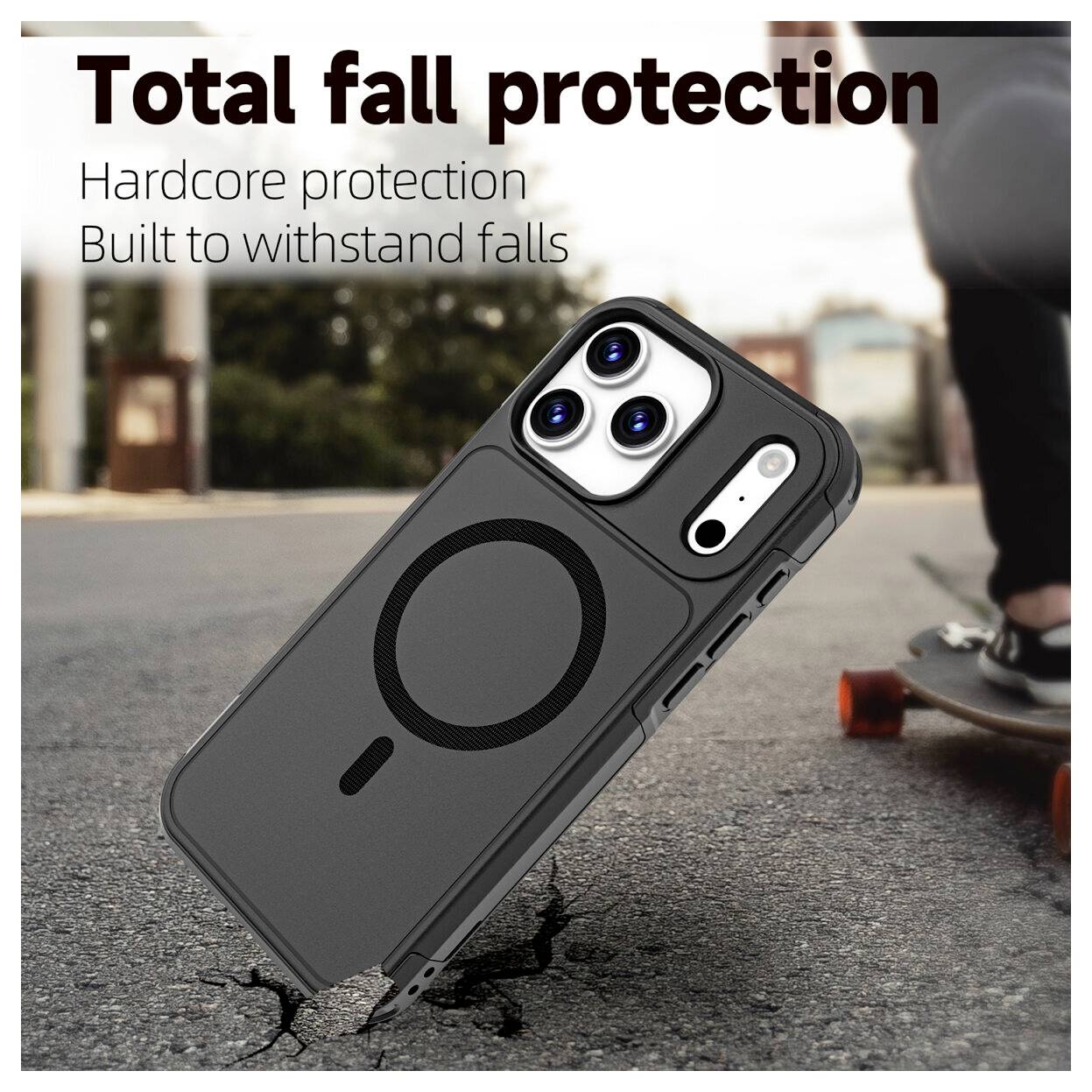 Image promotionnelle d'une coque de téléphone robuste au-dessus d'une chaussée fissurée, avec le texte « Protection totale contre les chutes » et « Protection extrême Conçue pour résister aux chutes ».