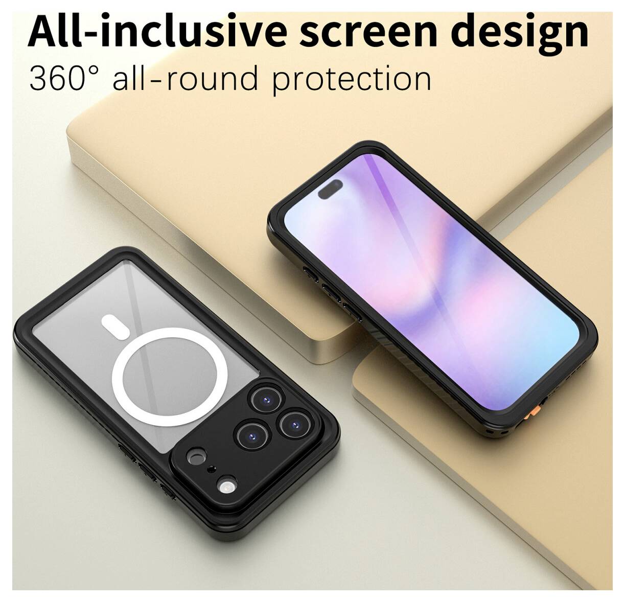 Image promotionnelle de deux étuis de téléphone noirs présentant une protection plein écran, avec le texte « Conception d'écran tout compris » et « Protection complète à 360° ».