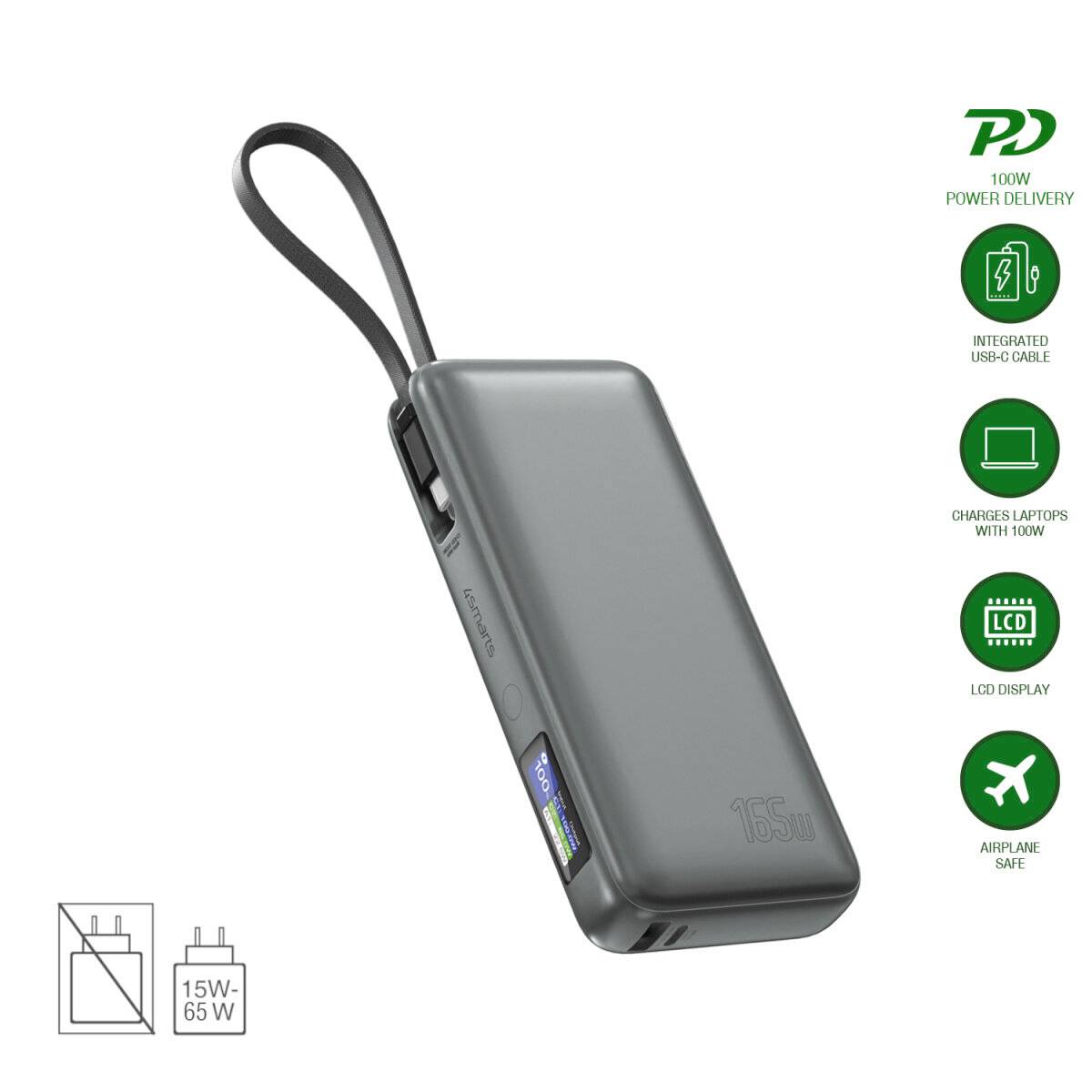 Batterie externe portable grise avec câble USB-C intégré et écran LCD, affichée avec une livraison de puissance de 100W et une capacité de 165W.