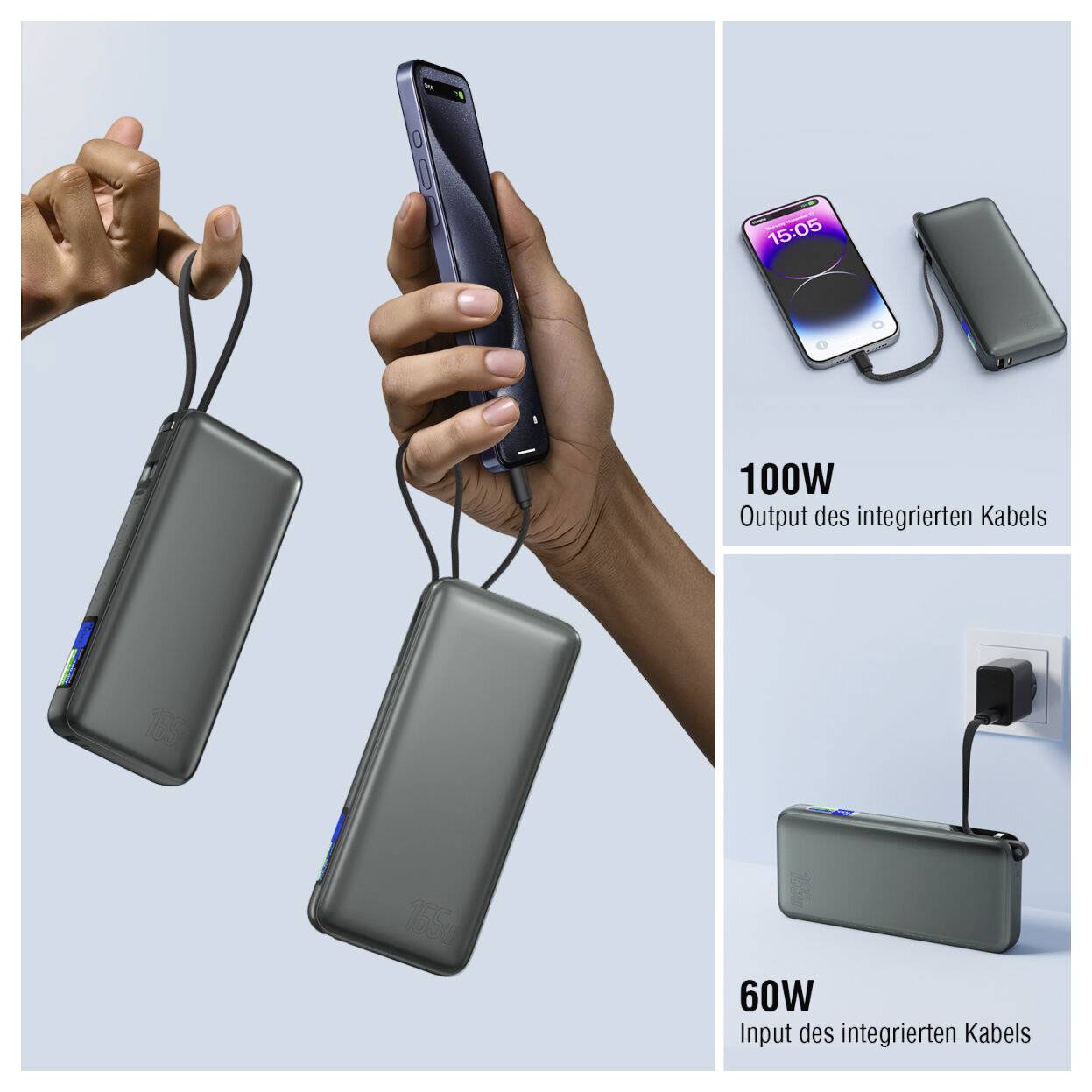 Infographie promotionnelle d'une batterie externe portable avec câble intégré, affichant une sortie de 100W et une entrée de 60W pour charger un téléphone et la batterie externe.