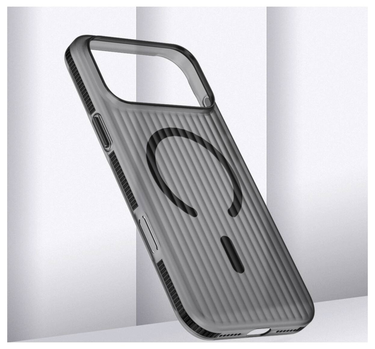 Étui de téléphone gris côtelé avec une grande découpe pour l'appareil photo et anneau MagSafe, présenté en angle sur un fond clair.