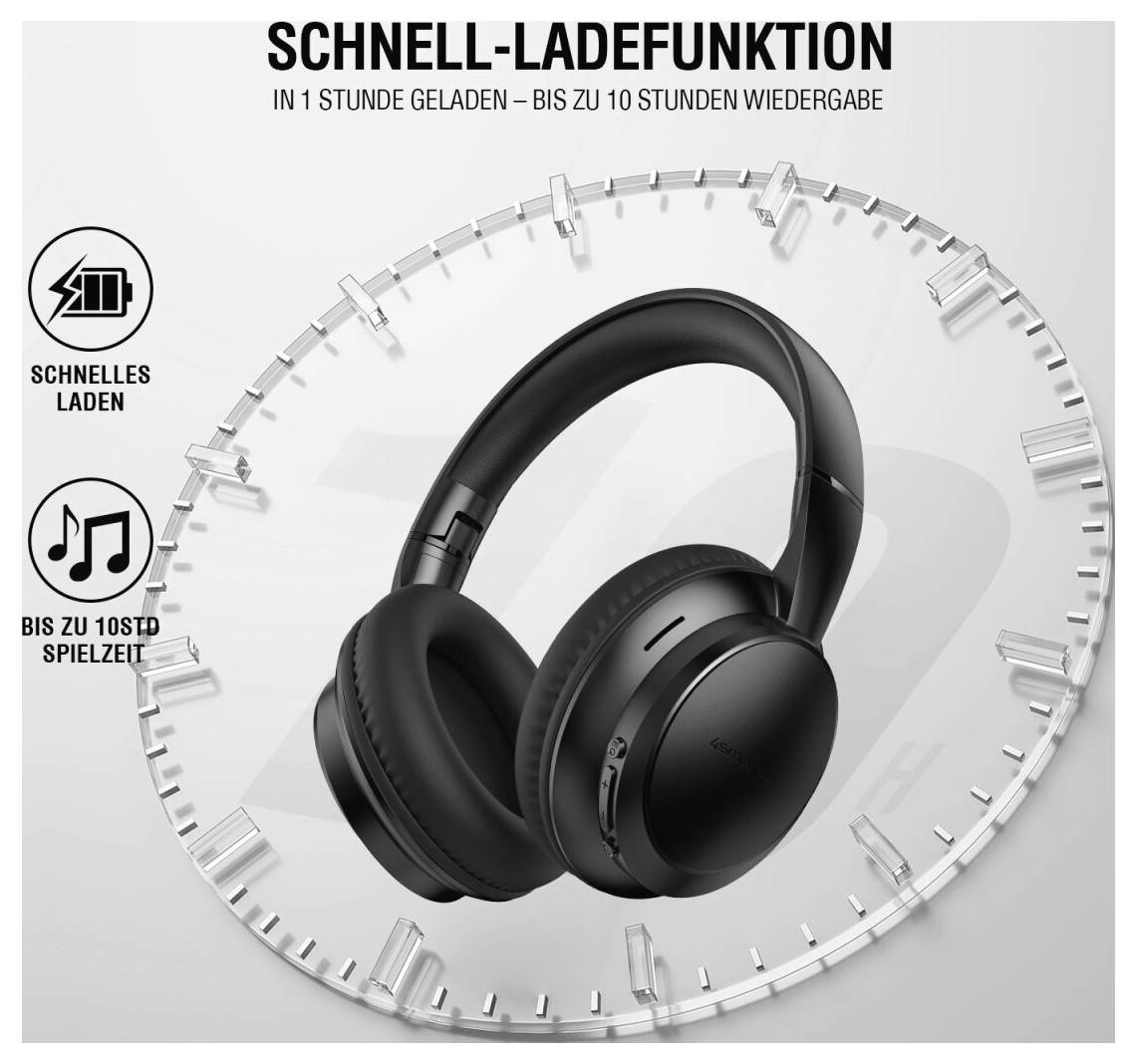 Casques audio supra-auriculaires noirs avec texte promotionnel en français : 'FONCTION DE CHARGE RAPIDE', 'CHARGÉ EN 1 HEURE – JUSQU'À 10 HEURES DE LECTURE', 'CHARGE RAPIDE', 'JUSQU'À 10H DE TEMPS DE JEU'.