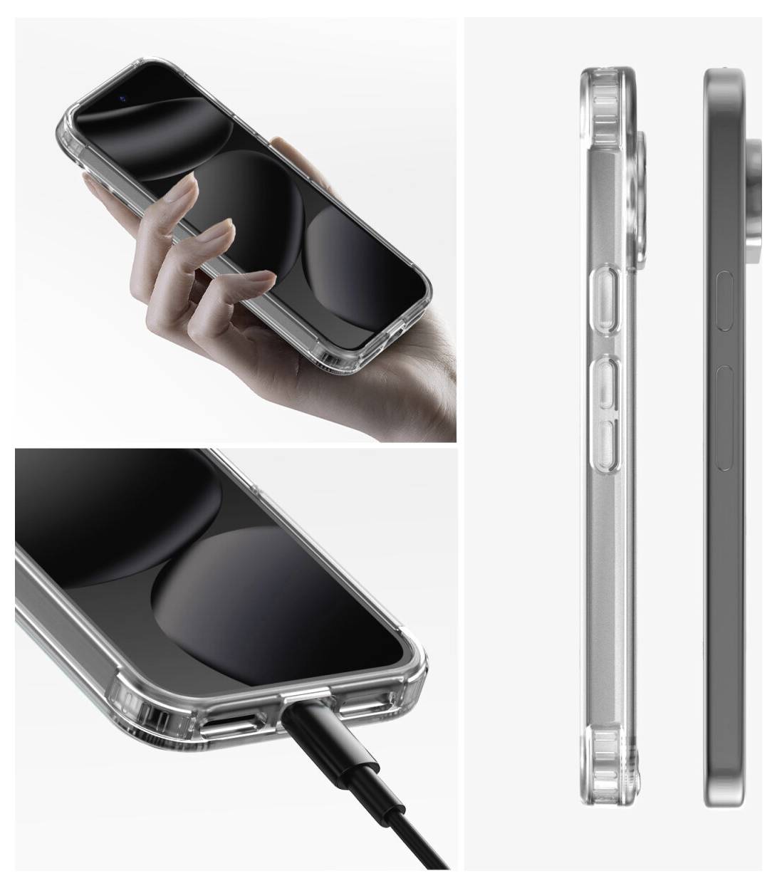 Collage montrant un étui de protection transparent pour smartphone avec une main tenant le téléphone, un câble de recharge branché sur le bas, et des vues latérales mettant en évidence le profil fin et les boutons.