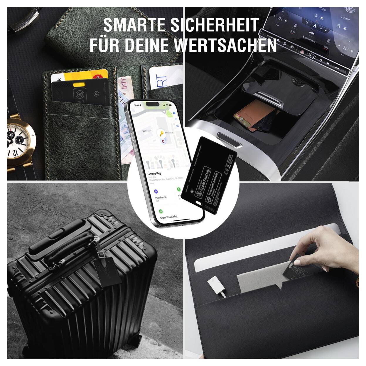 Collage publicitaire pour la sécurité intelligente des objets de valeur, montrant un téléphone suivant une carte de portefeuille, un compartiment caché de voiture, une valise sécurisée et un coffre verrouillé.