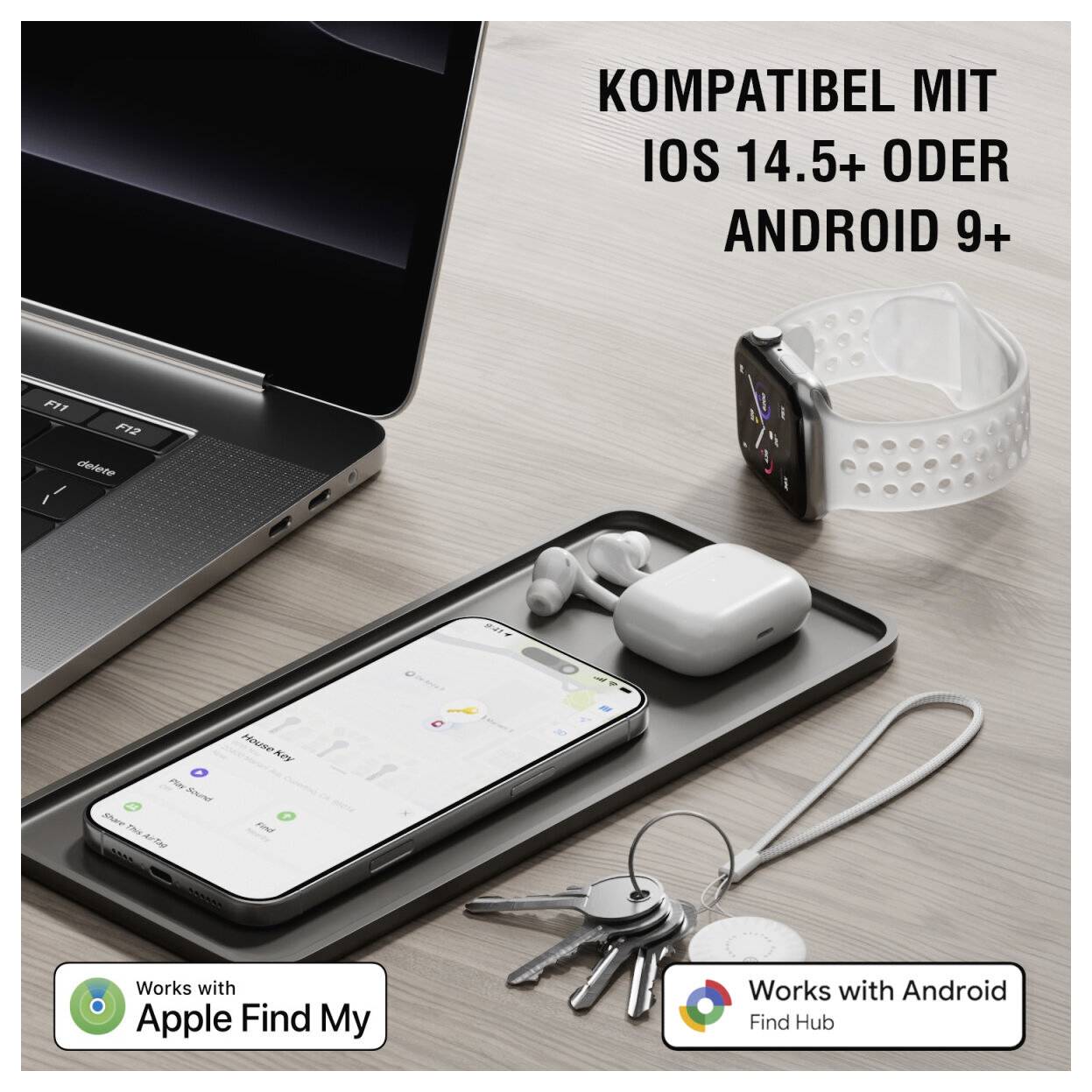 Plateau de charge sans fil pour téléphone, écouteurs, clés et montre connectée ; le texte indique « COMPATIBLE AVEC IOS 14.5+ OU ANDROID 9+ », ainsi que la compatibilité avec Apple Find My et Android Find Hub.