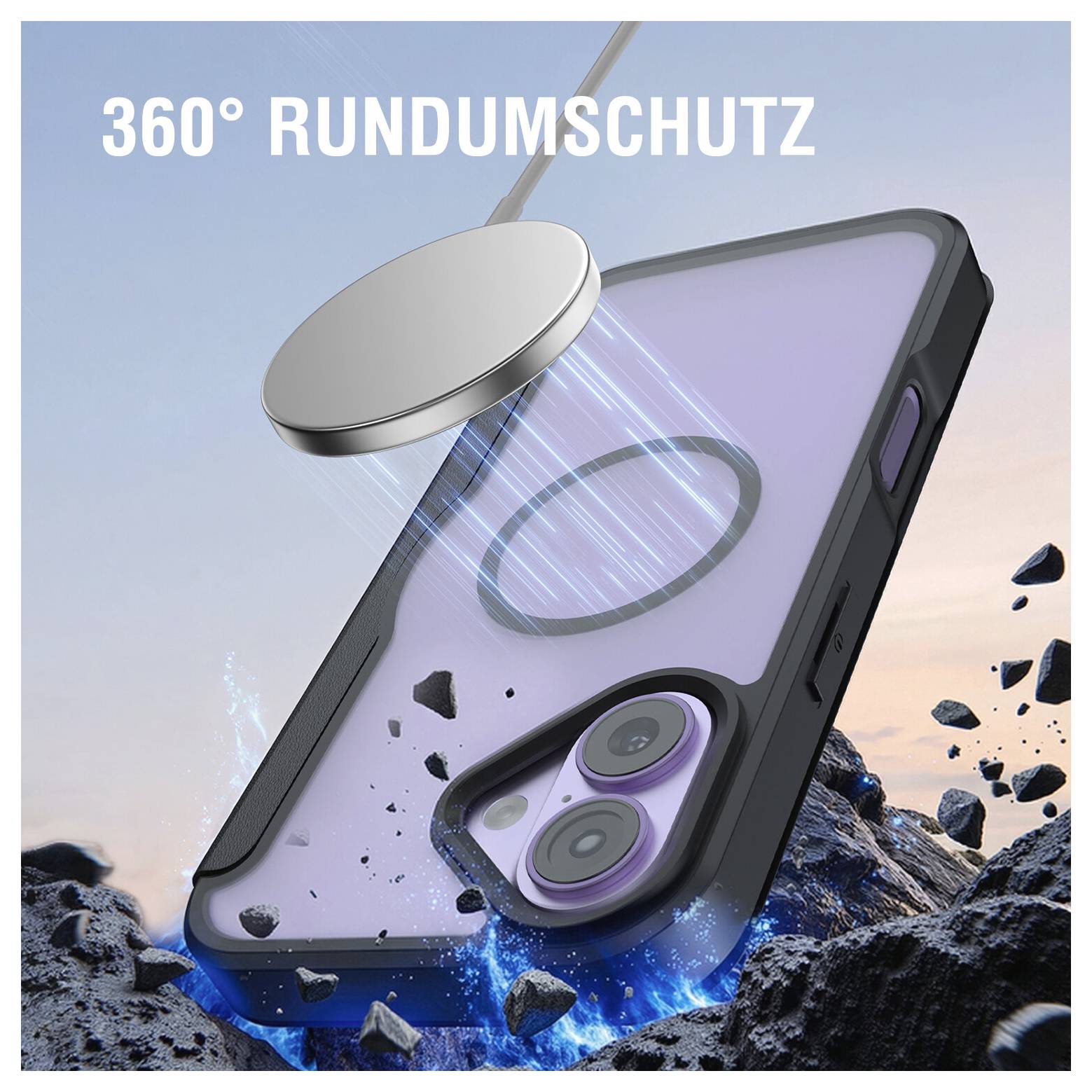 Image promotionnelle d'un étui de téléphone intelligent avec un chargeur magnétique ou un protecteur en suspension au-dessus, avec le texte « PROTECTION INTÉGRALE 360° » montrant une protection complète.