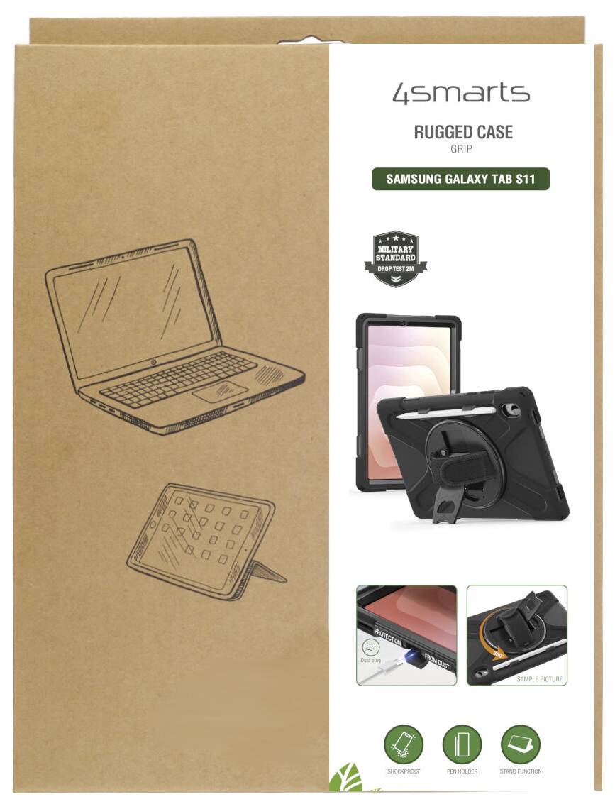 Emballage pour Rugged Case Grip 4smarts pour Samsung Galaxy Tab S11, montrant un étui de tablette avec béquille rotative et support de préhension.