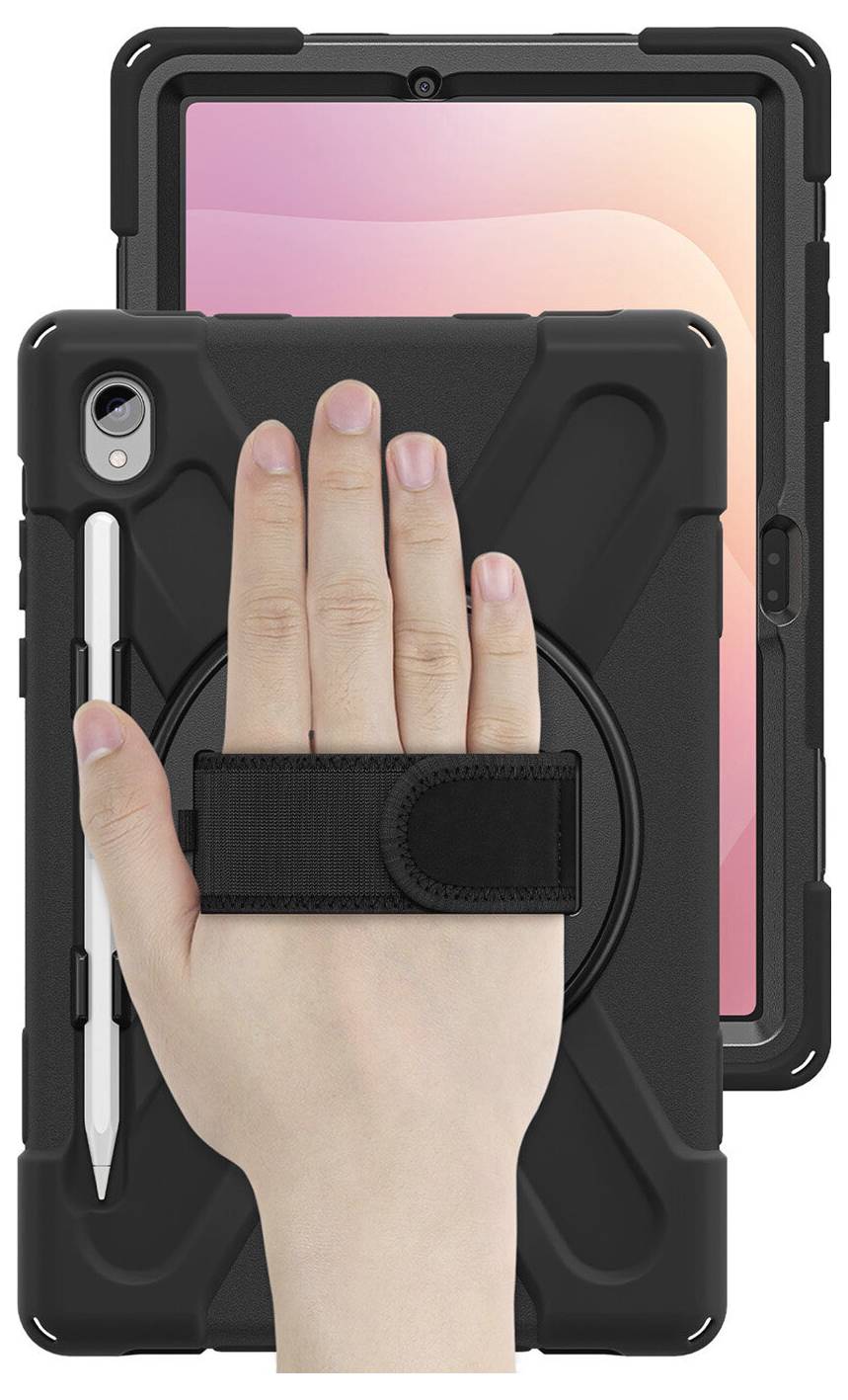 Étui de tablette robuste noir avec sangle de main intégrée et porte-stylet, présenté de face et de dos sur une tablette tenue à la main.