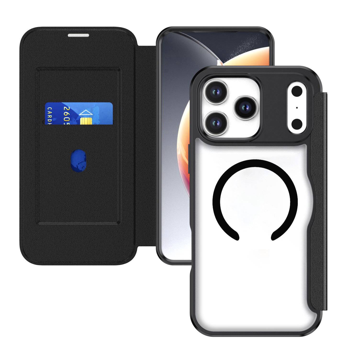 Étui pour iPhone de style folio noir présenté ouvert avec fente pour carte, à côté du téléphone, et vue arrière avec anneau de style MagSafe et découpe pour caméra.