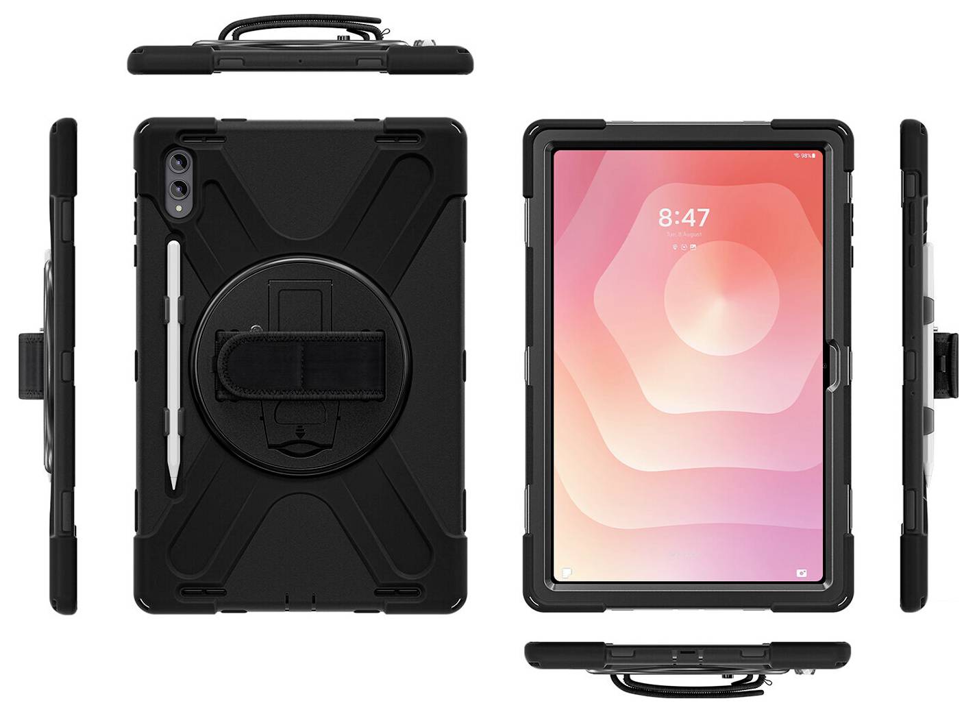 Étui de tablette noir robuste présenté dans plusieurs angles, avec lanière de maintien, porte-stylet intégré et poignées supérieures/inférieures sur une tablette affichant un écran d'accueil rose.