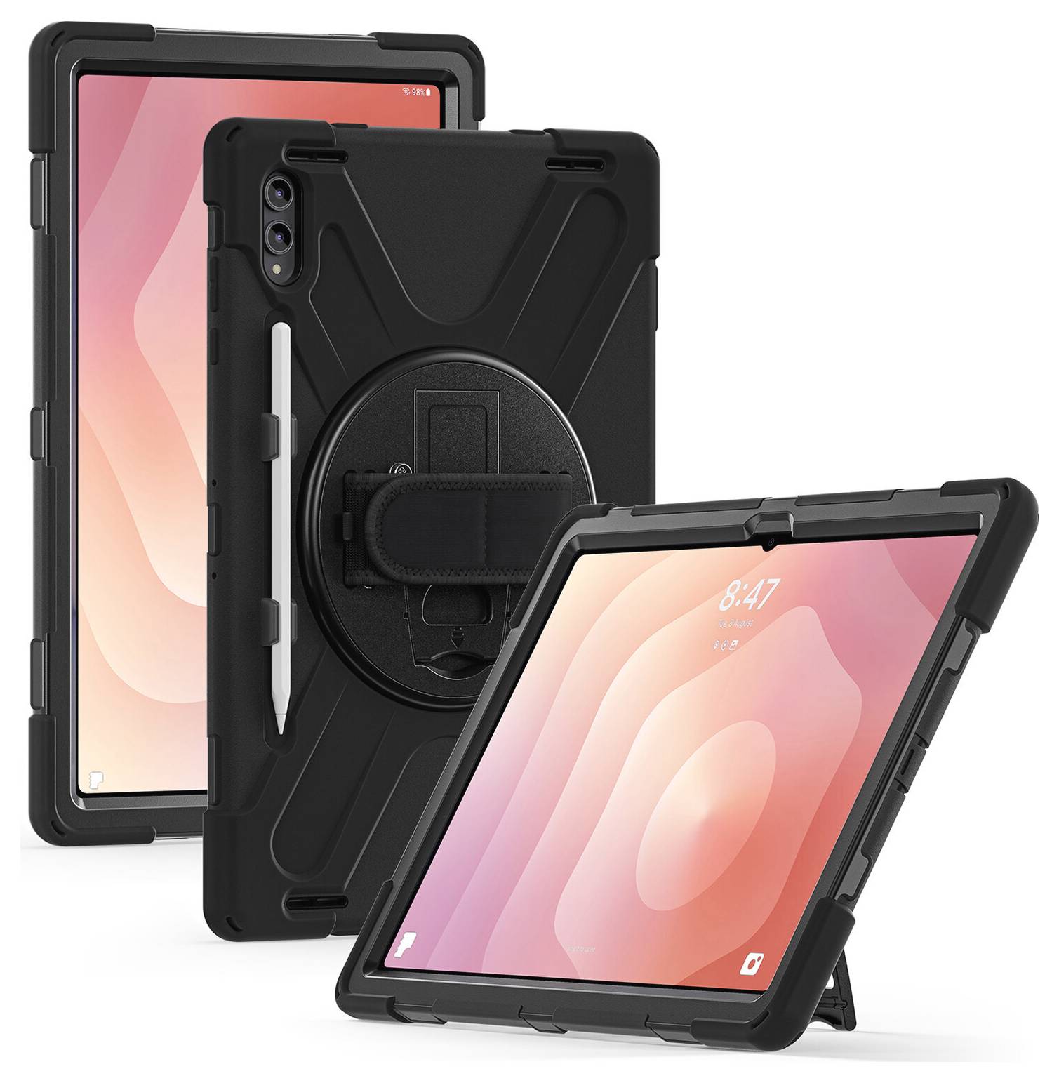 Trois vues d'une housse de tablette noire robuste avec sangle de main intégrée, béquille de support et porte-stylet, présentées de face, de dos et en angle ouvert.