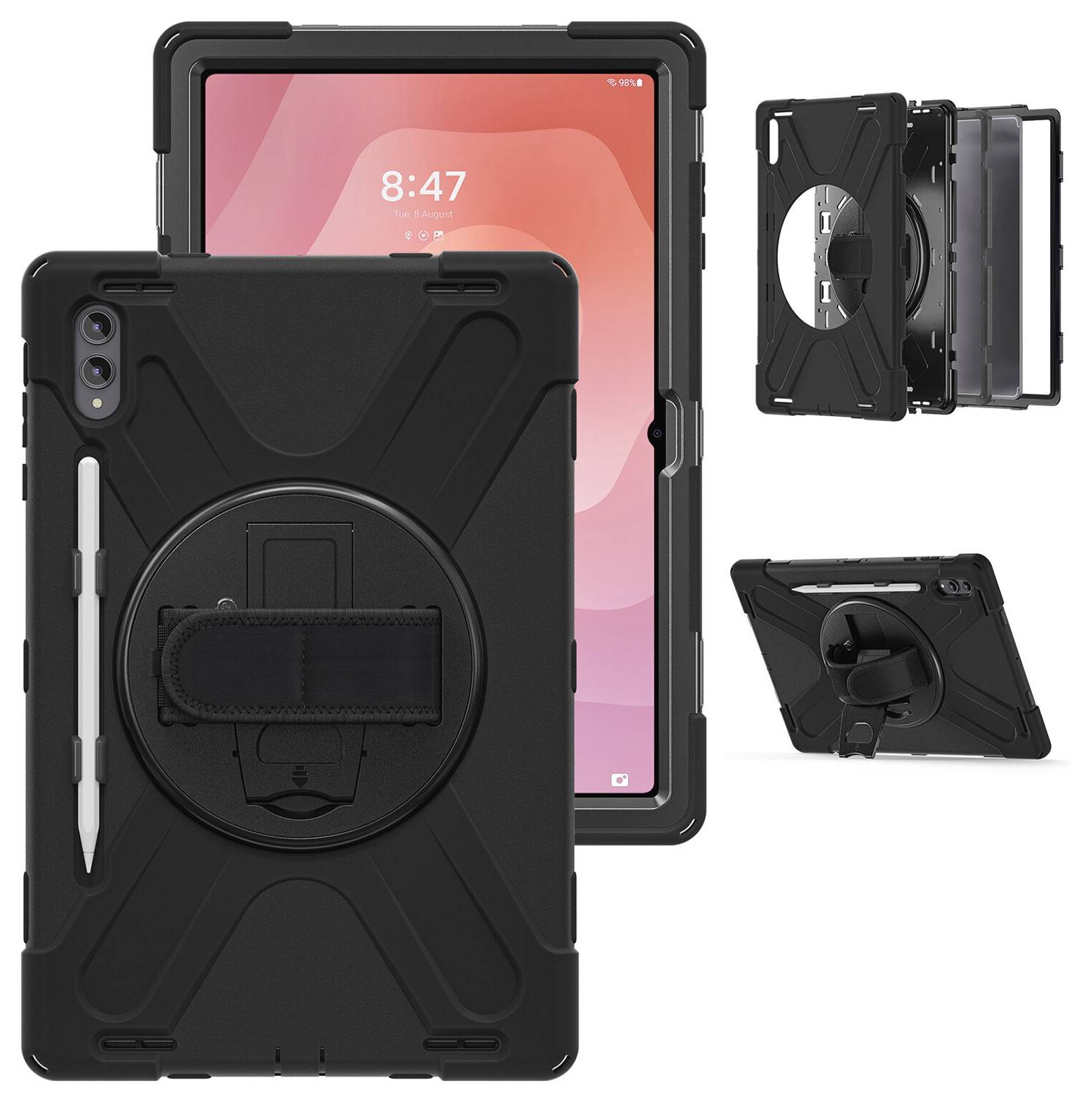 Étui de tablette noir robuste avec sangle de main intégrée et béquille, montré de face, de dos et ouvert en position de support avec une tablette à l'intérieur.