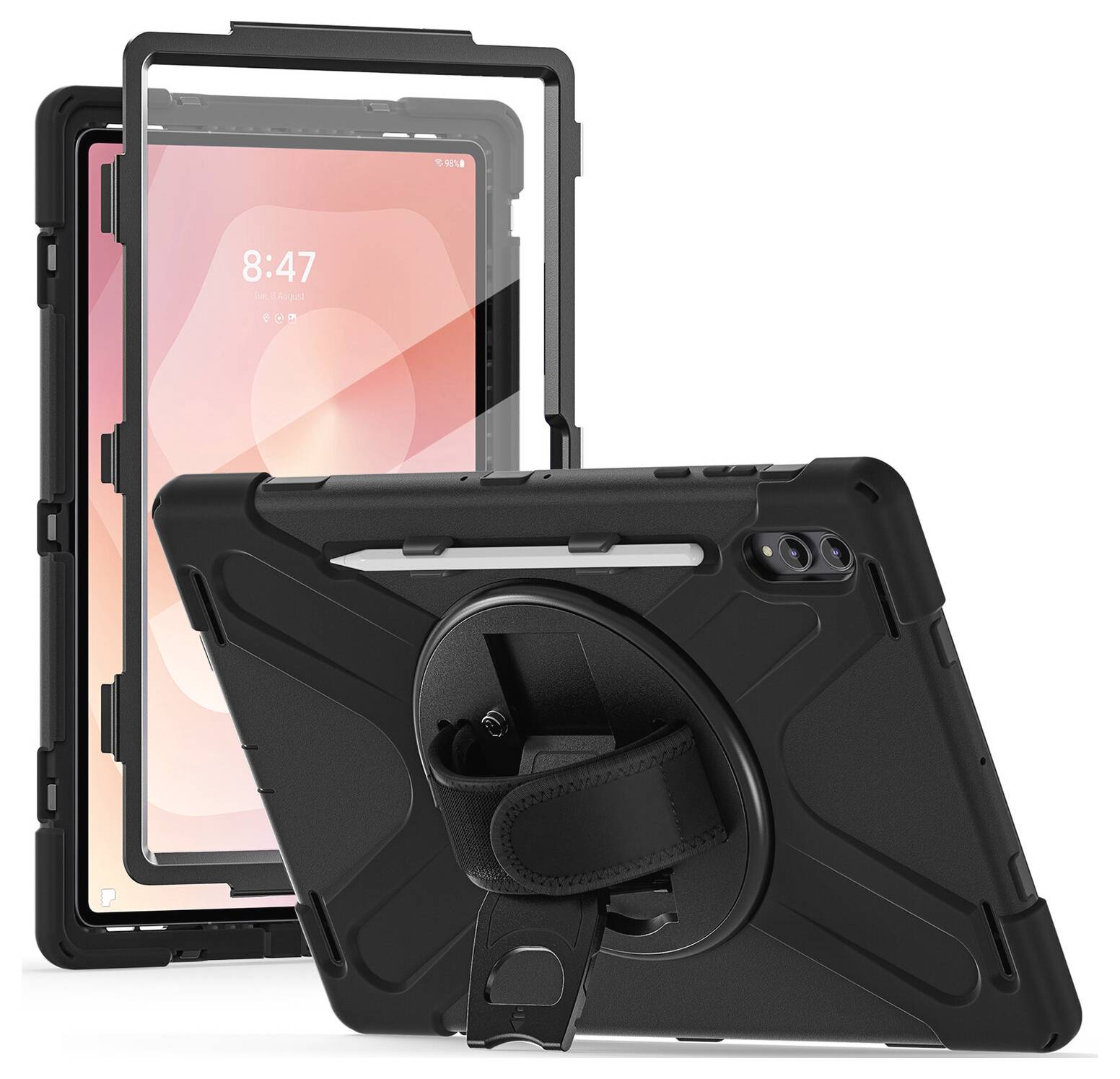 Étui de tablette robuste noir avec sangle à main rotative intégrée et support, présenté avec une tablette vue de face et de dos pour mettre en évidence la protection et la prise en main.