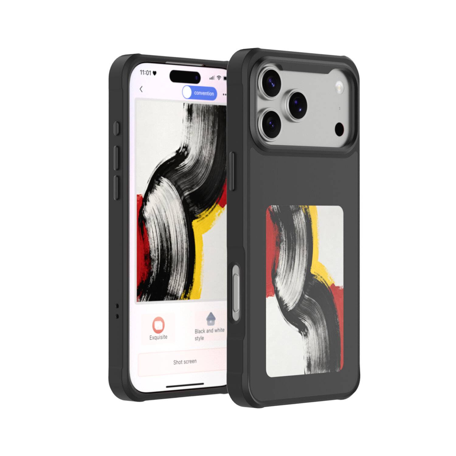 Deux étuis de smartphone noirs présentés de face et de dos, chacun avec un insert de motif d'art de coup de pinceau abstrait et une découpe triple caméra.