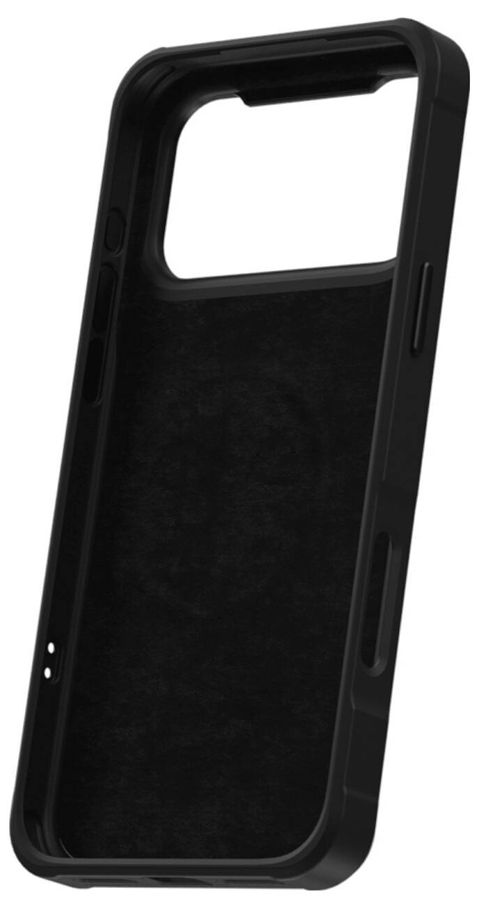 Étui de protection noir pour téléphone avec grand écran ouvert et découpe pour l'appareil photo, présenté en angle sur un fond blanc.