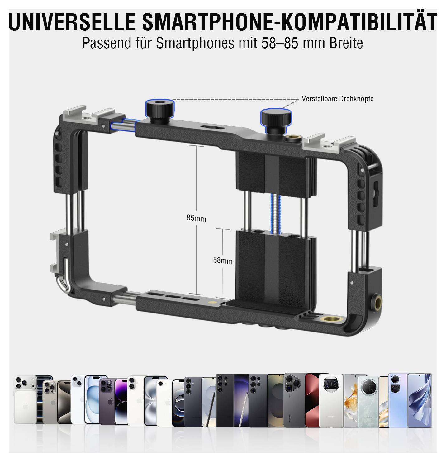 Support universel pour smartphone avec pince, étiqueté « COMPATIBILITÉ UNIVERSELLE POUR SMARTPHONE », s'adapte aux téléphones de 58 à 85 mm de largeur avec des boutons ajustables.