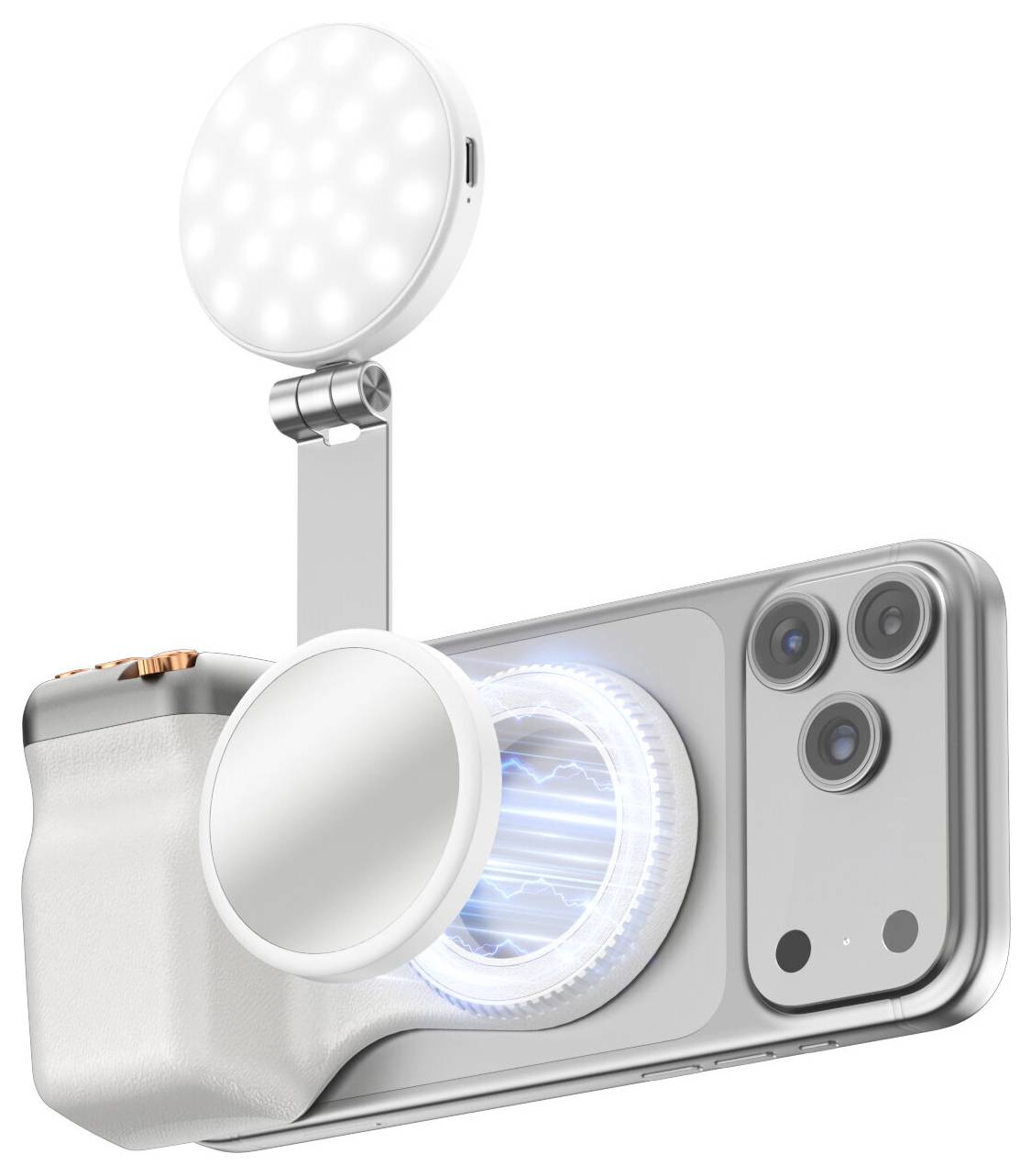 Smartphone avec un accessoire de lumière LED circulaire attachée et une lentille grossissante, présenté dans un rendu de style produit.