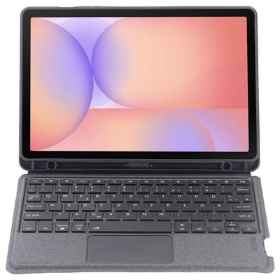 Tablette dans un étui clavier avec pavé tactile, affichée ouverte et orientée vers l'avant sur un fond blanc.