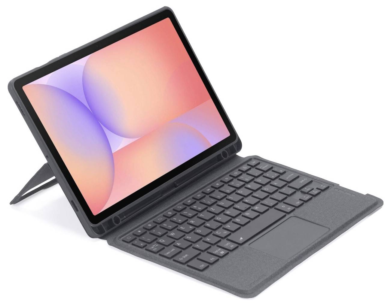 Tablette avec étui clavier intégré et béquille, présentée ouverte à un angle sur un fond blanc.
