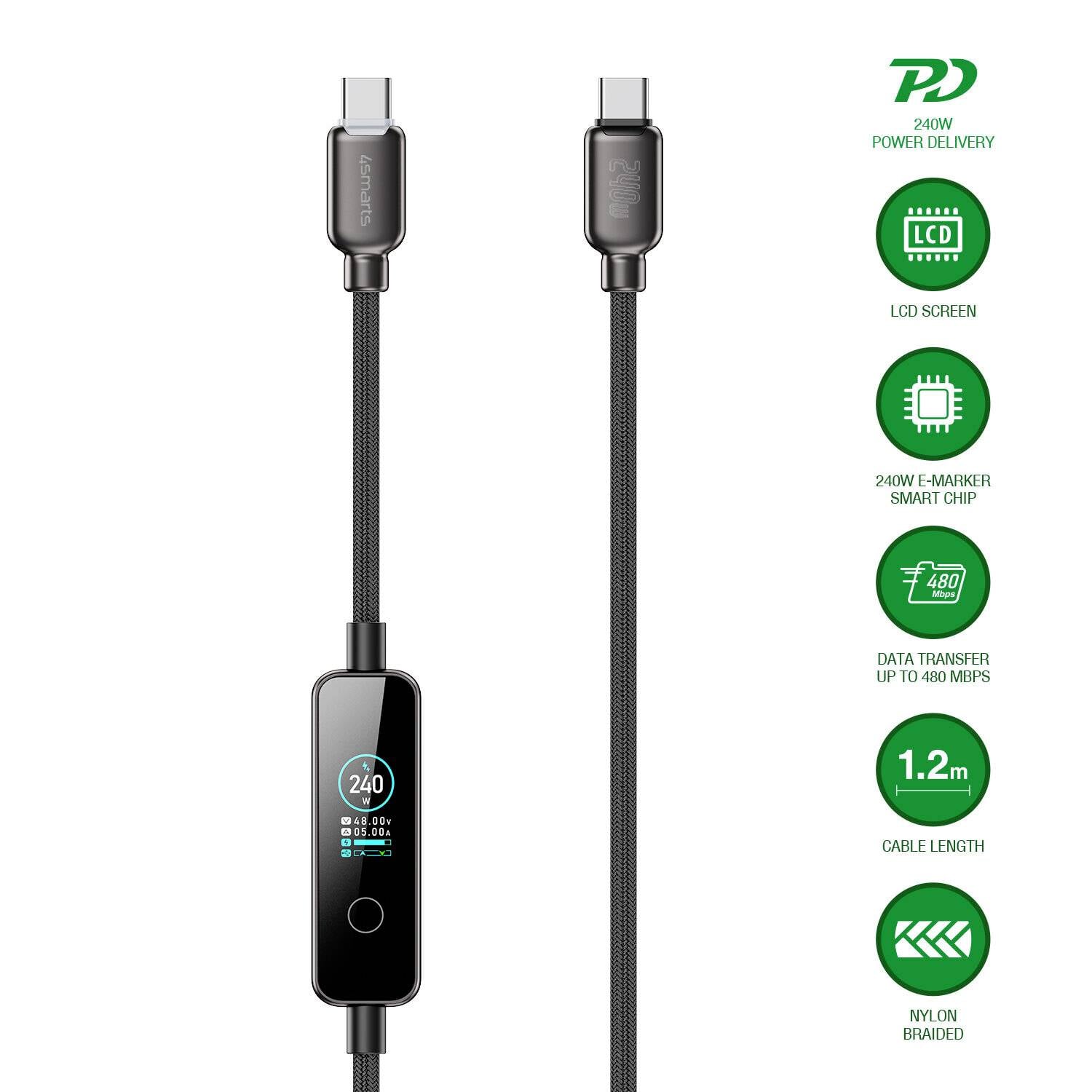 Câble USB-C avec affichage LCD intégré, montré de face et de dos, accompagné d'icônes pour la Livraison de puissance 240 W, puce E-marker, transfert à 480 Mbps, longueur de 1,2 m et tresse en nylon.
