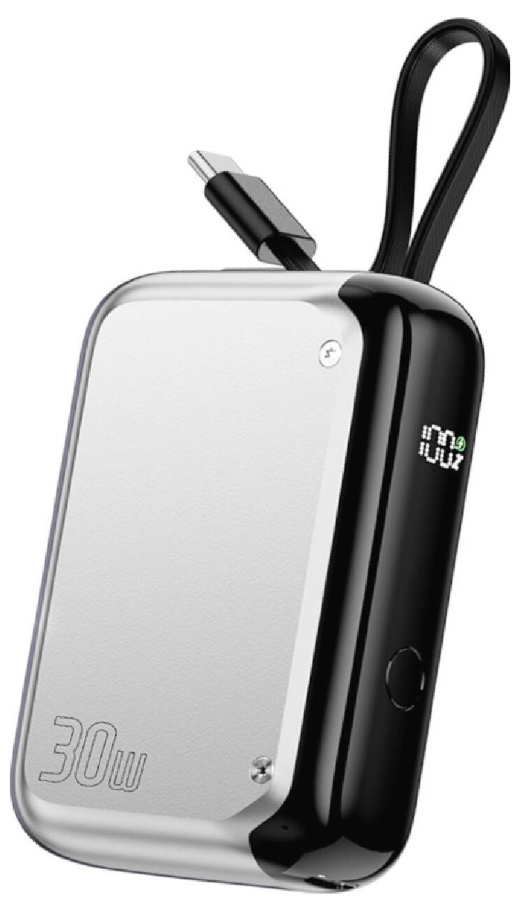 Batterie externe portable 30W avec câble USB-C intégré et affichage numérique du pourcentage de batterie sur le côté.