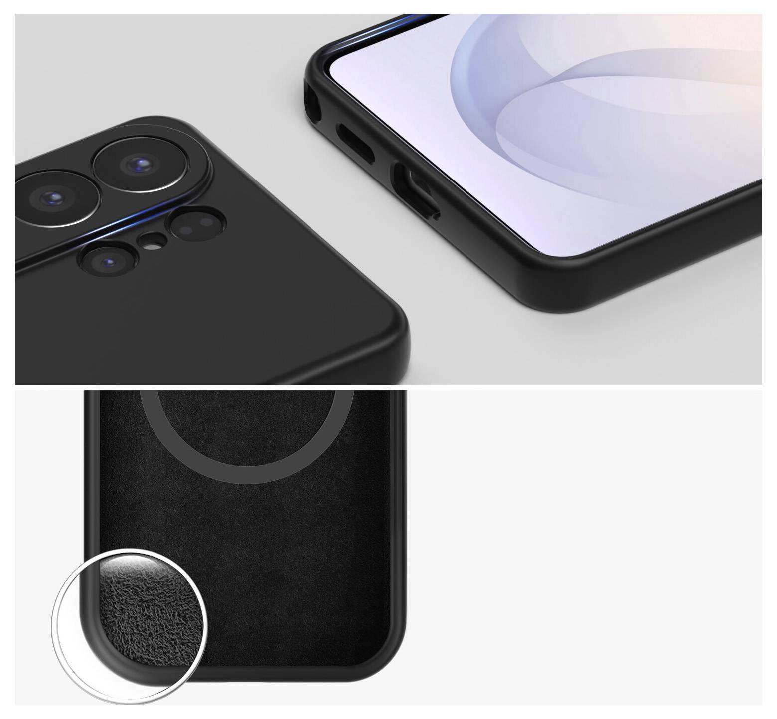 Smartphone noir présenté en gros plan, mettant en évidence les lentilles de la caméra arrière et les détails du port de charge, avec un encart agrandi du coin du boîtier texturé.