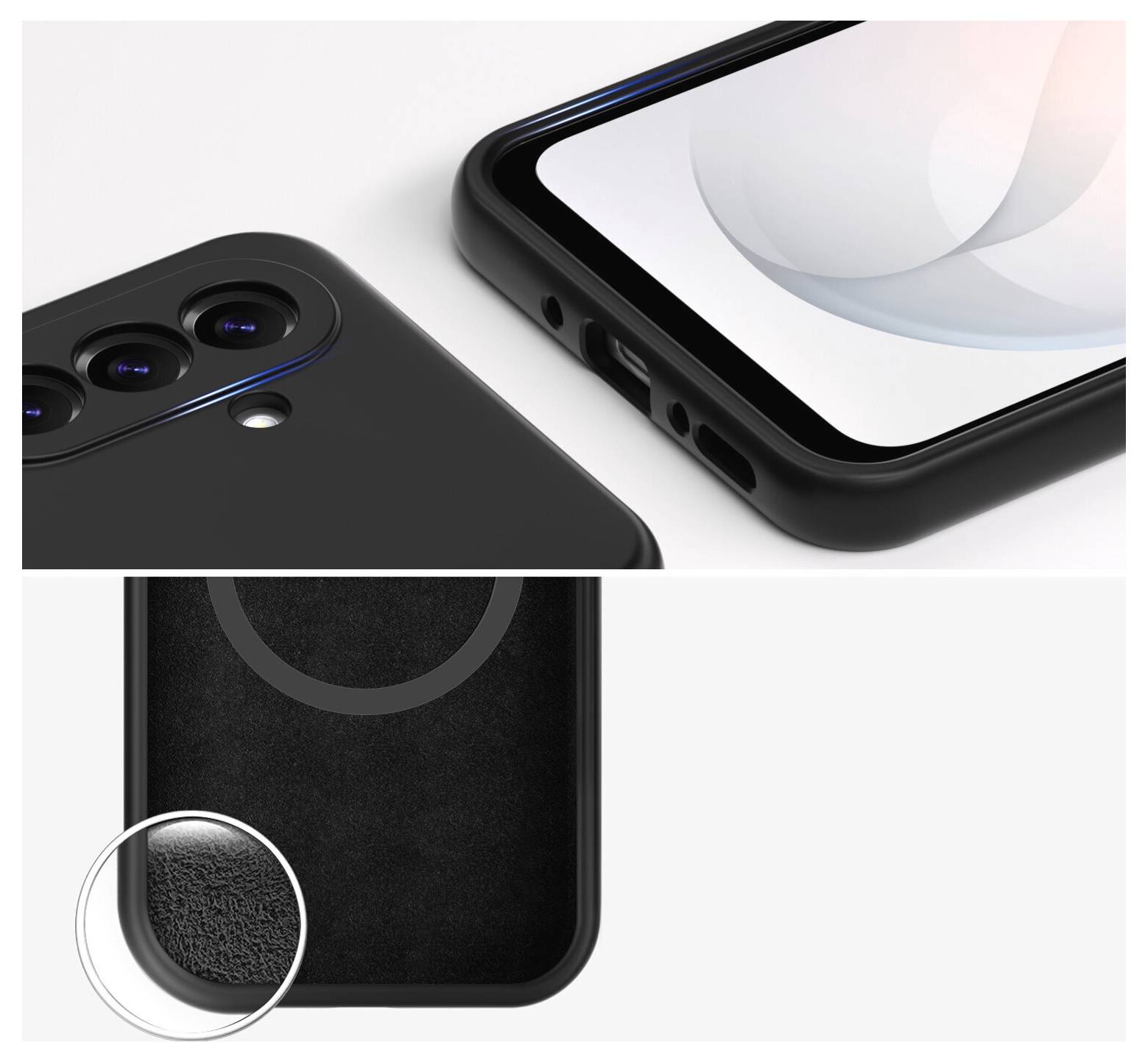 Image promotionnelle d'un smartphone noir montrant le bloc optique, le port de charge et la finition texturée du dos avec une incrustation de détail en gros plan.
