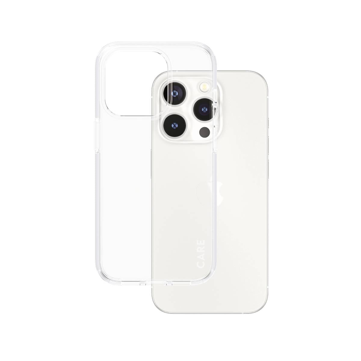 Coque de téléphone transparente présentée sur un smartphone de couleur claire, mettant en évidence le revêtement de protection transparent et la découpe pour l'appareil photo.