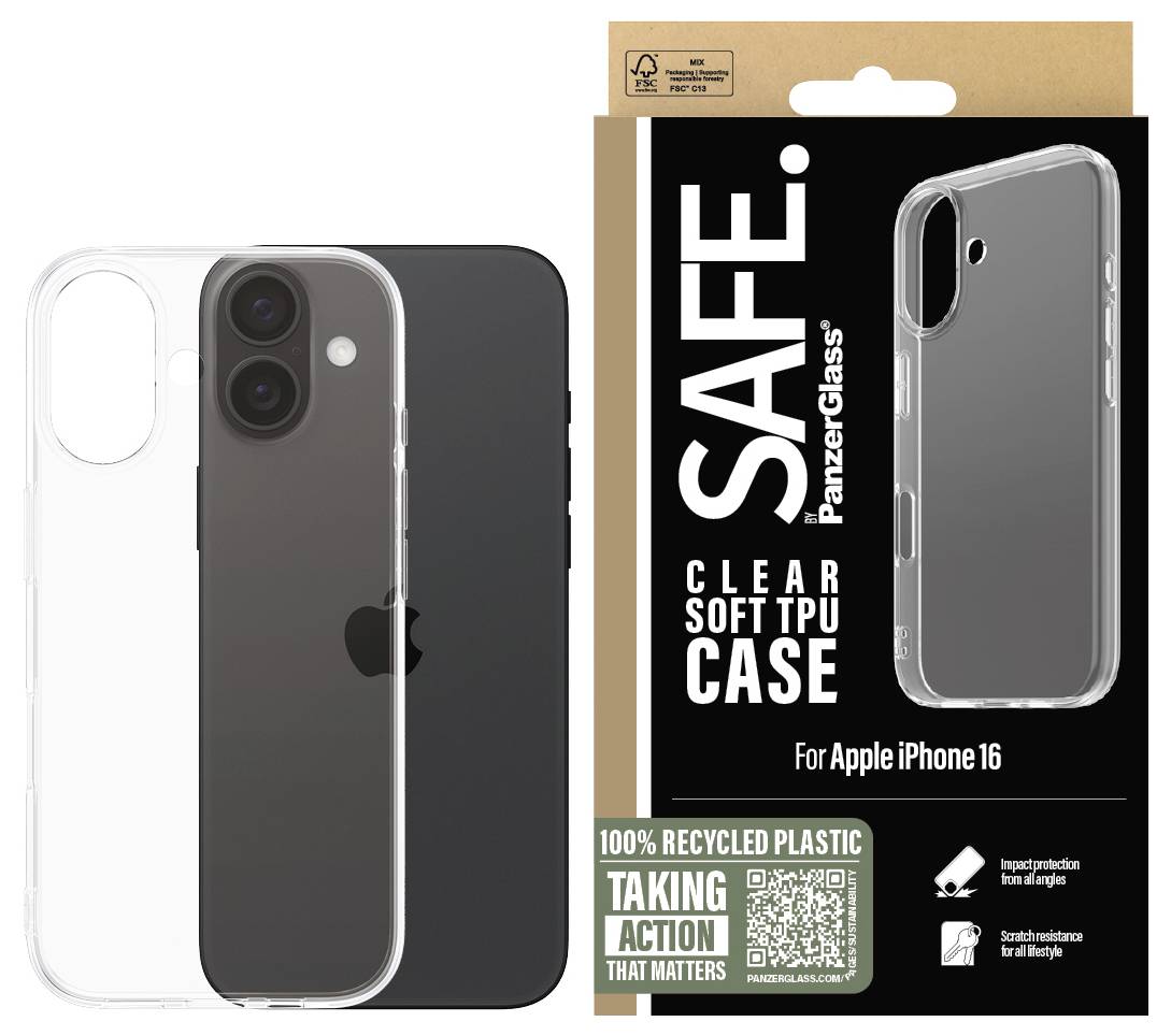 Étui TPU transparent pour Apple iPhone 16 présenté avec un téléphone noir, accompagné d'un emballage étiqueté « SAFE. » et « Clear Soft TPU Case » de PanzerGlass.