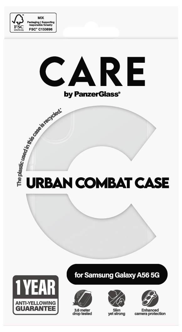 Emballage produit pour CARE by PanzerGlass, étiqueté « Urban Combat Case » pour Samsung Galaxy A56 5G, avec une garantie anti-jaunissement d'1 an et des icônes de protection contre les chutes, design fin et protection de la caméra.