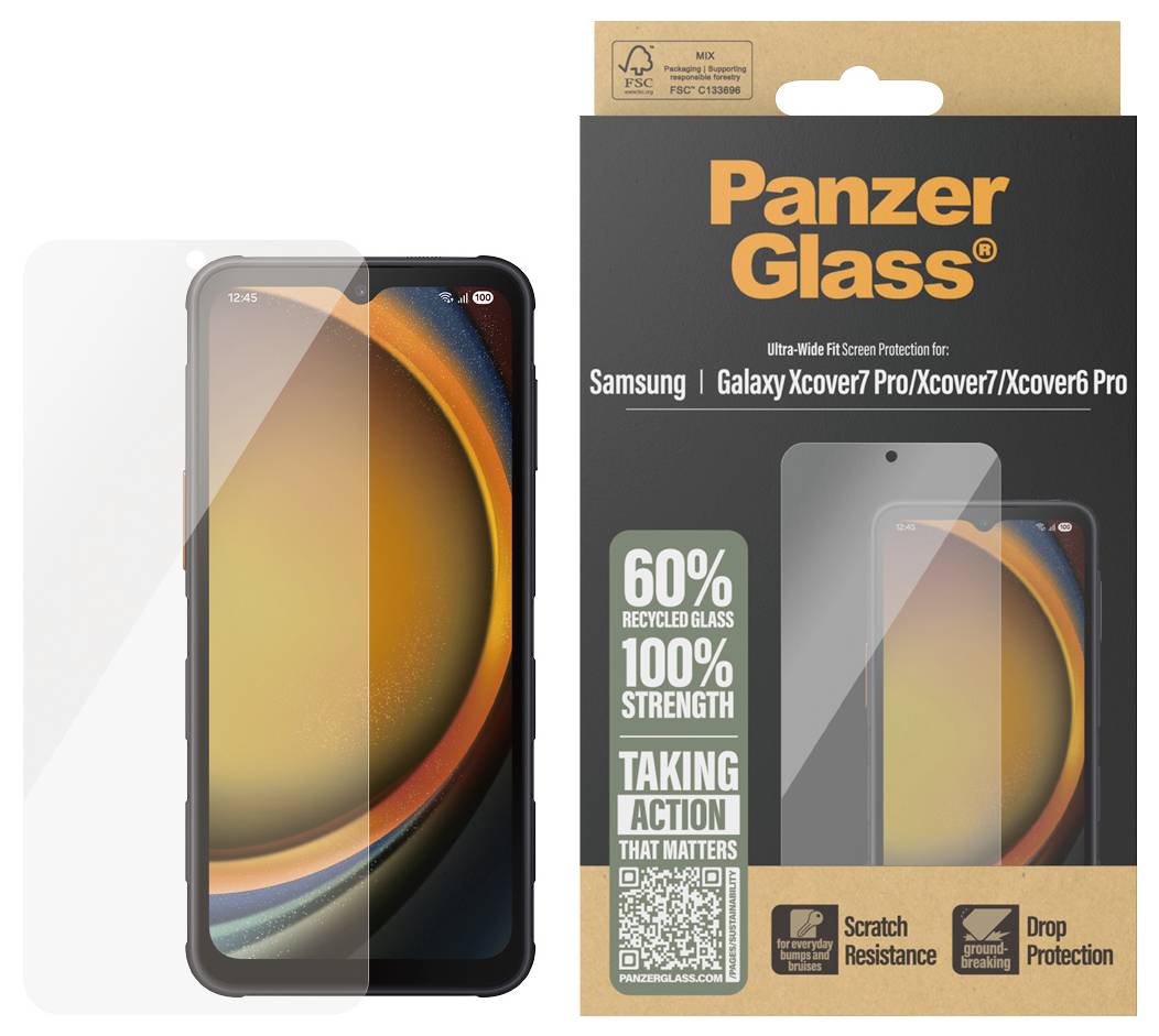 Protecteur d'écran Samsung Galaxy XCover7 Pro/XCover7/XCover6 Pro avec un téléphone affichant le protecteur en verre transparent installé.