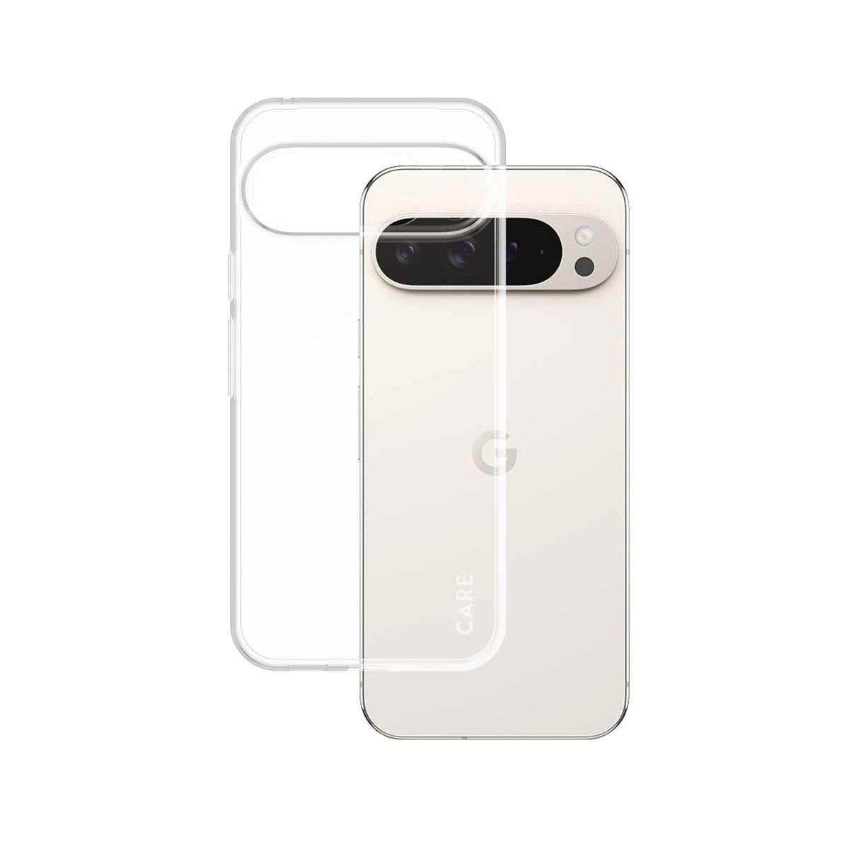 Étui de téléphone transparent montré en chevauchement avec un téléphone Google Pixel, démontrant l'ajustement transparent de l'étui et la découpe de la caméra.