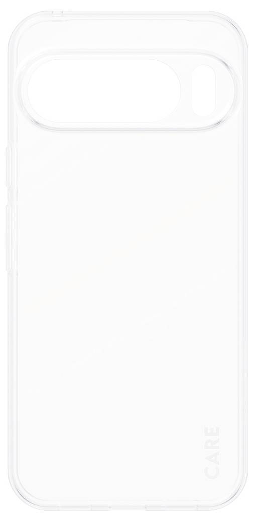 Étui de téléphone blanc uni avec une ouverture de caméra horizontale surdimensionnée en haut et l'inscription « CAFE » imprimée près du coin inférieur droit.