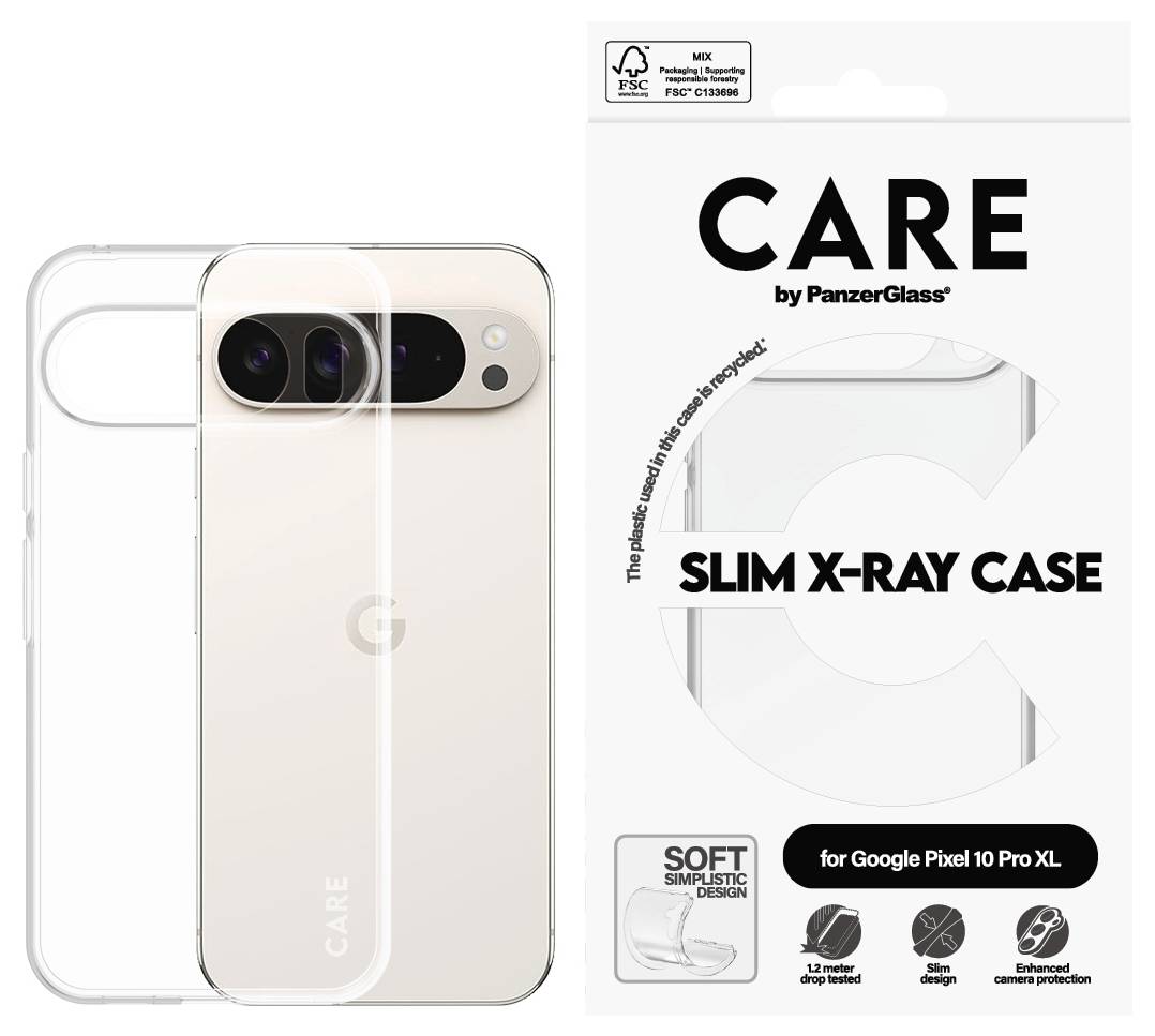 Emballage du boîtier PanzerGlass CARE Slim X-Ray pour Google Pixel 10 Pro XL, présenté à côté d'un boîtier de téléphone transparent sur un téléphone Pixel.