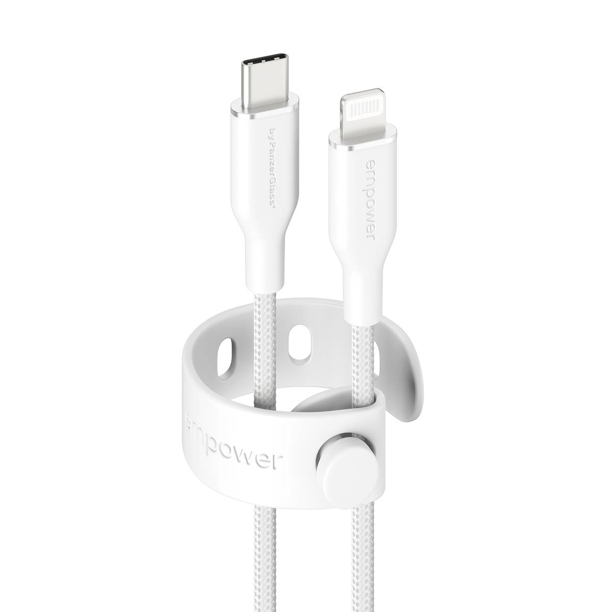 Pince organisatrice de câbles blanche tenant deux câbles de charge tressés, un USB-C et un Lightning, avec la marque « empower ».