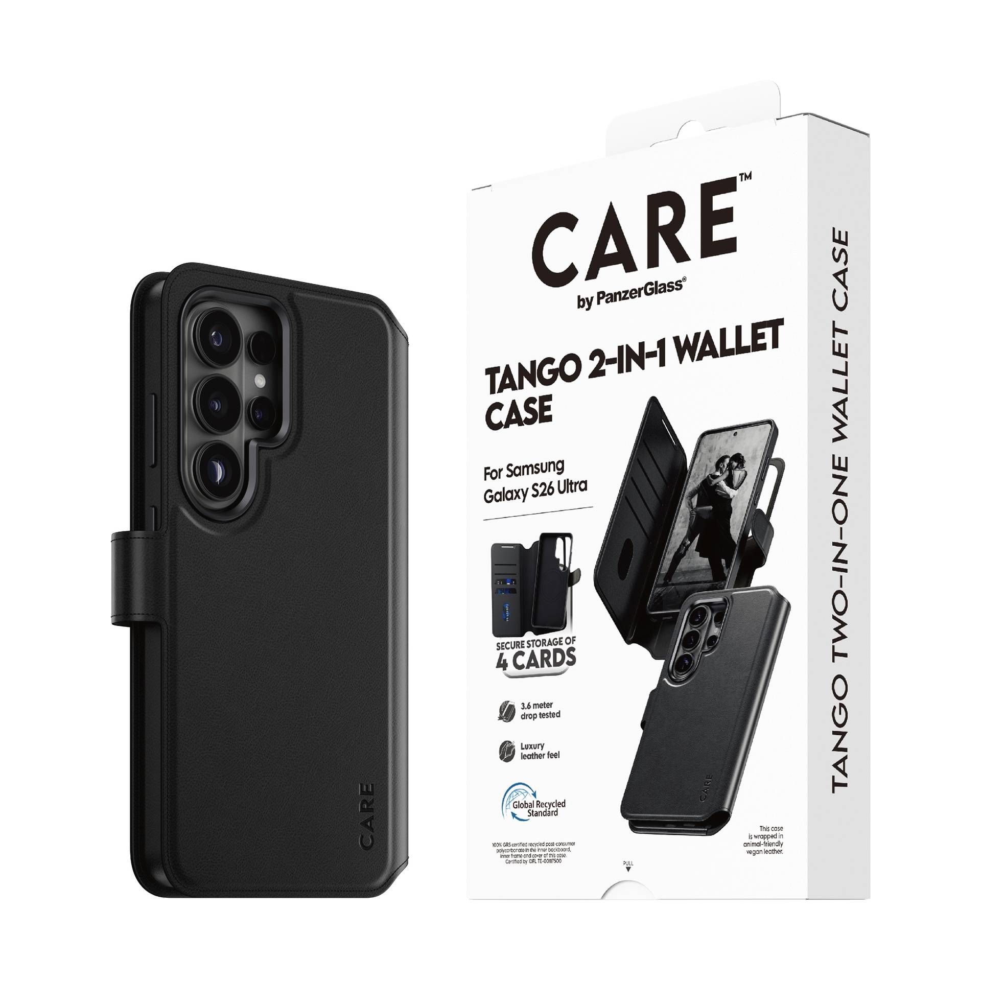 Étui portefeuille 2-en-1 Black CARE Tango pour Samsung Galaxy S21 Ultra, présenté à côté de l'emballage du produit mettant en évidence le stockage pour 4 cartes et le design d'étui portefeuille.